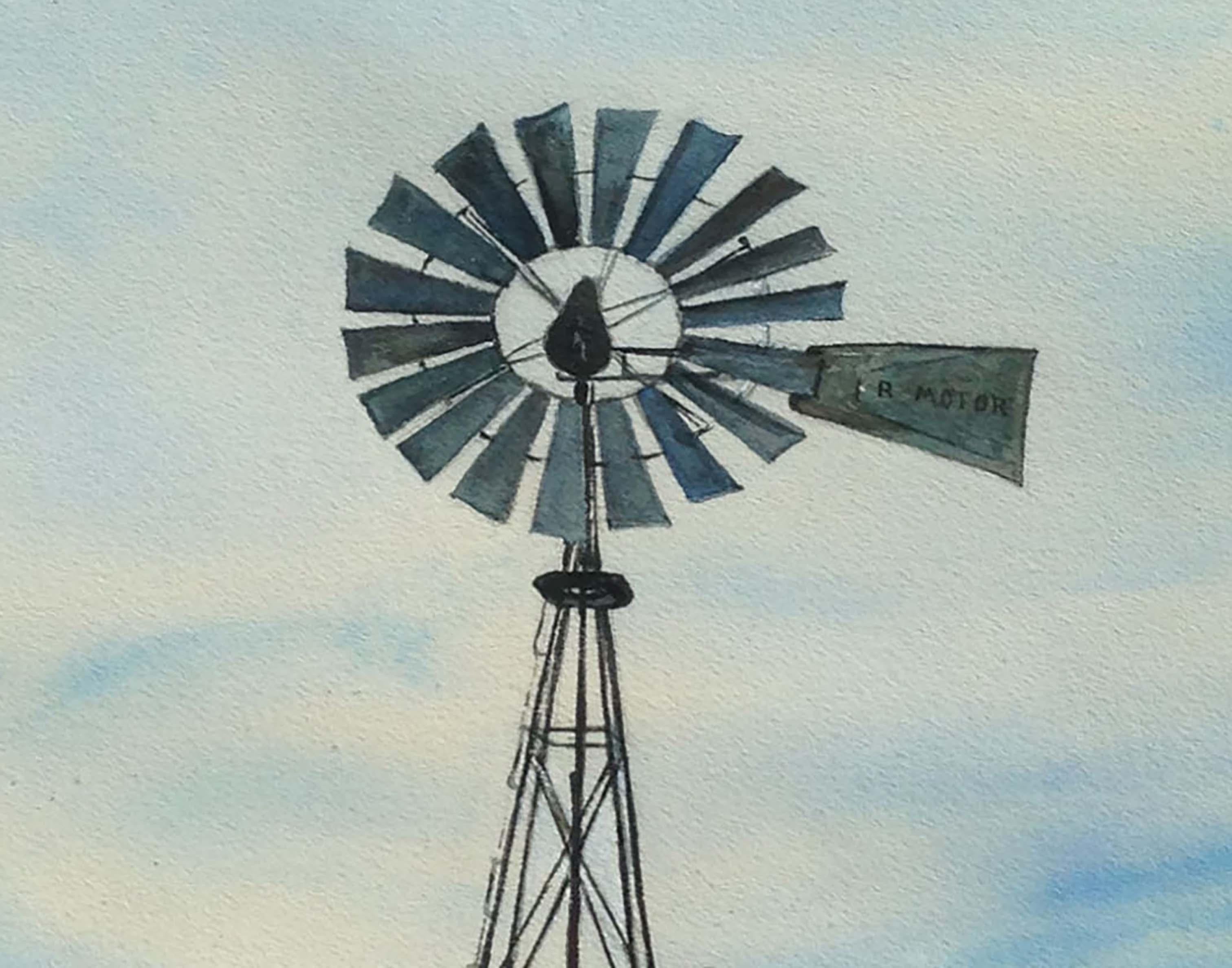 Mid Century Windmill Rural Landscape  - American Impressionist Art by H. Kendall