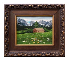 Mountain Meadow Vintage 1970s Landscape with Cabin and Wildflowers 