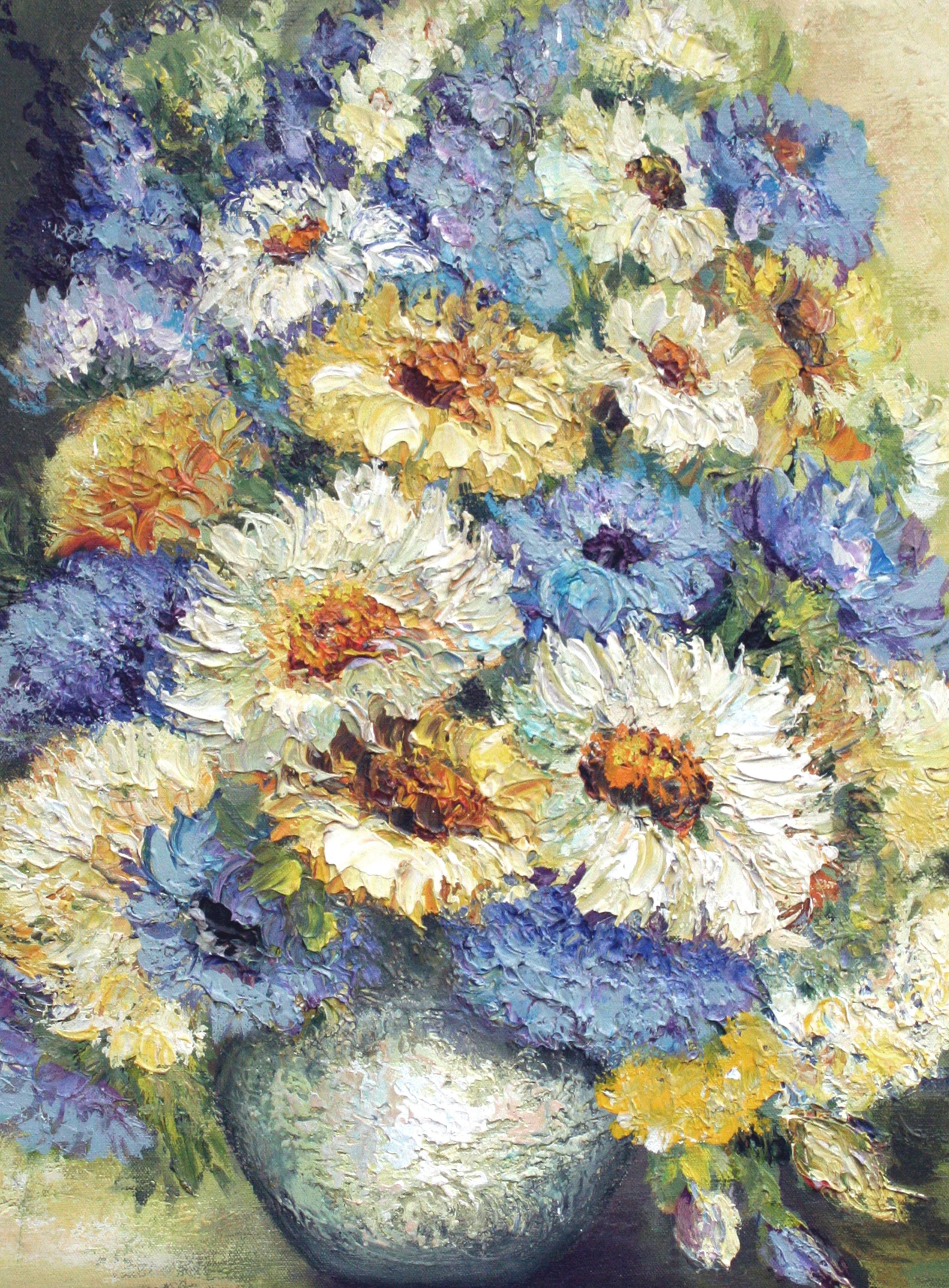 Mid Century Chrysanthemums Floral Still Life  - Painting by Janet Minkler