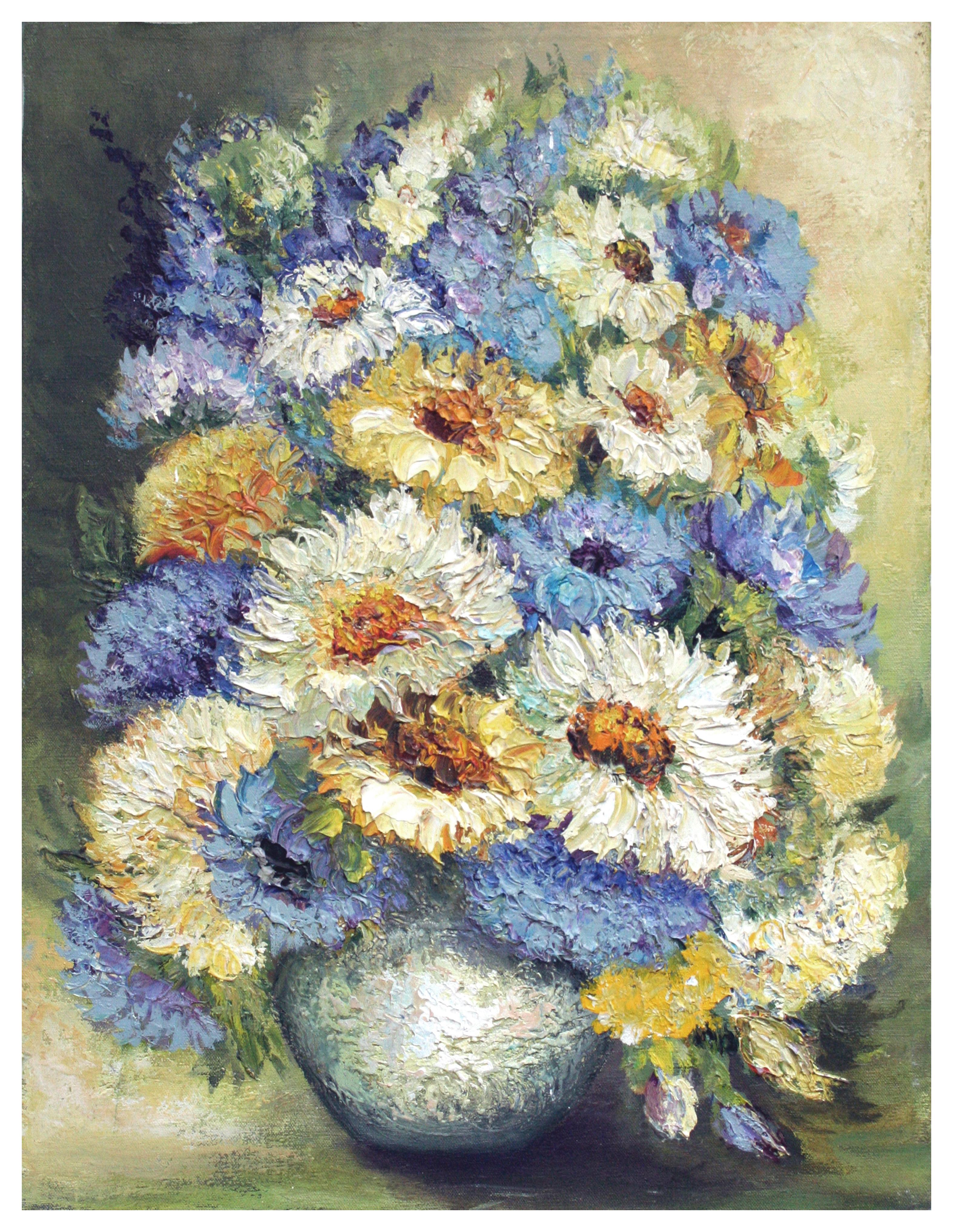 Janet Minkler Interior Painting - Mid Century Chrysanthemums Floral Still Life 