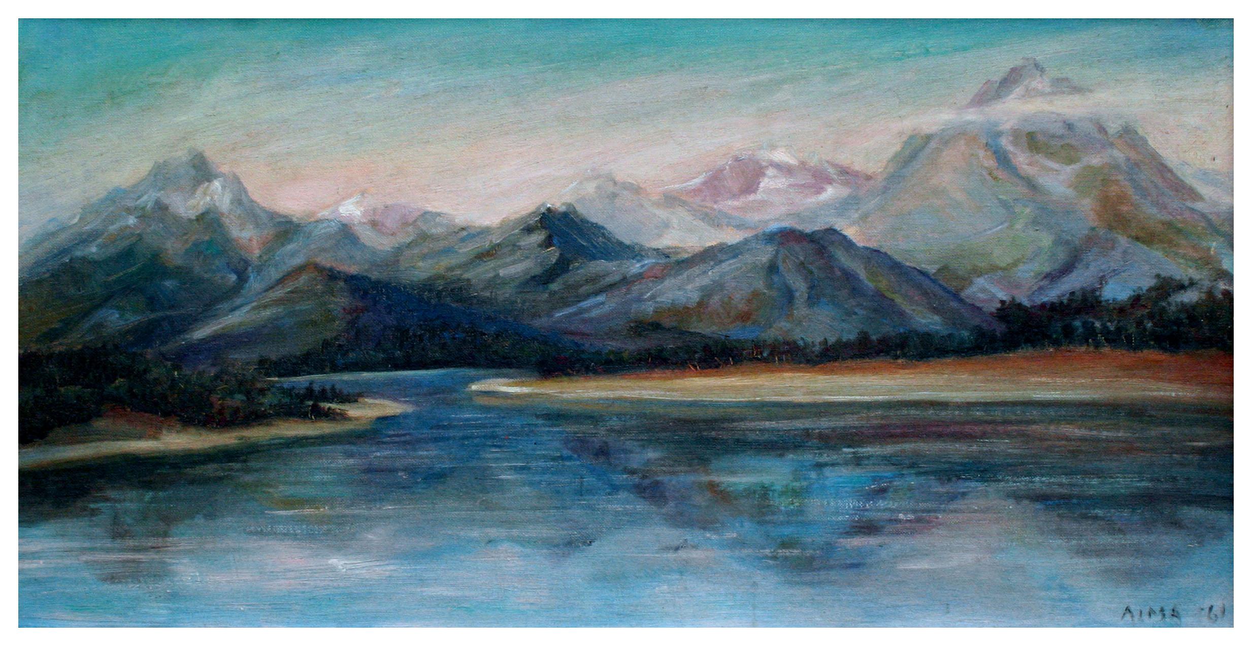Mid Century Wyoming Teton Mountain Range Landscape  - Painting by Alma McGovern