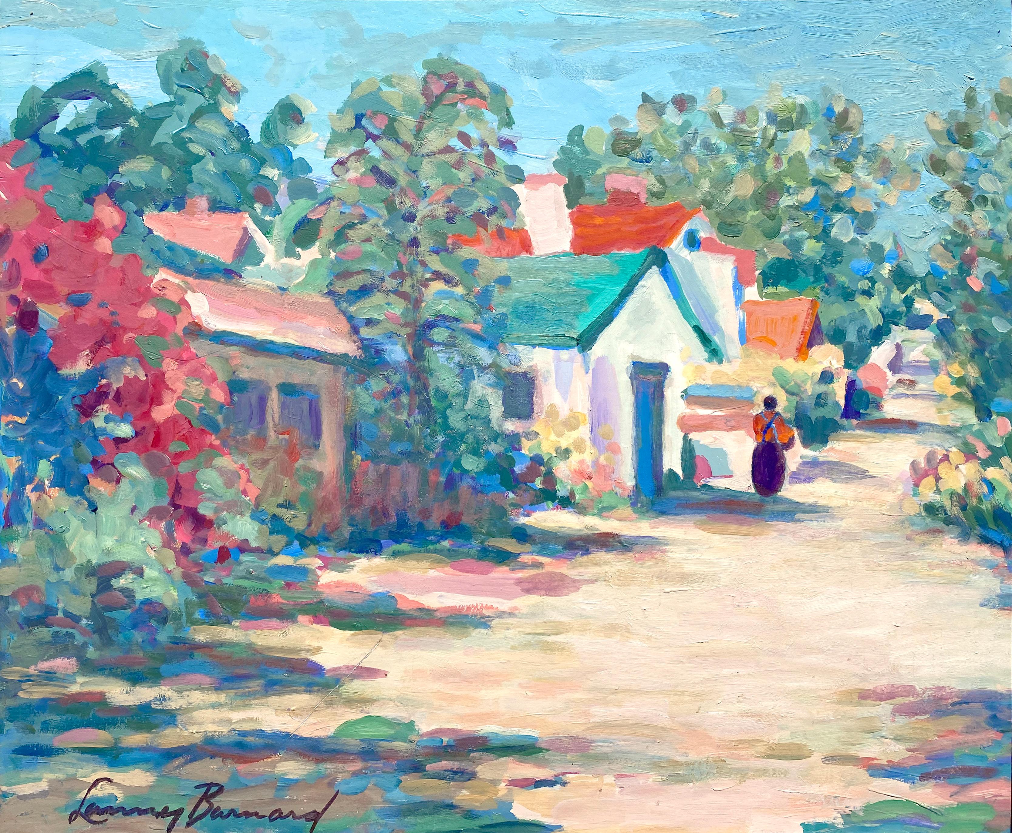 Colorful Path, Figurative Village Landscape - Painting by Lanny Barnard