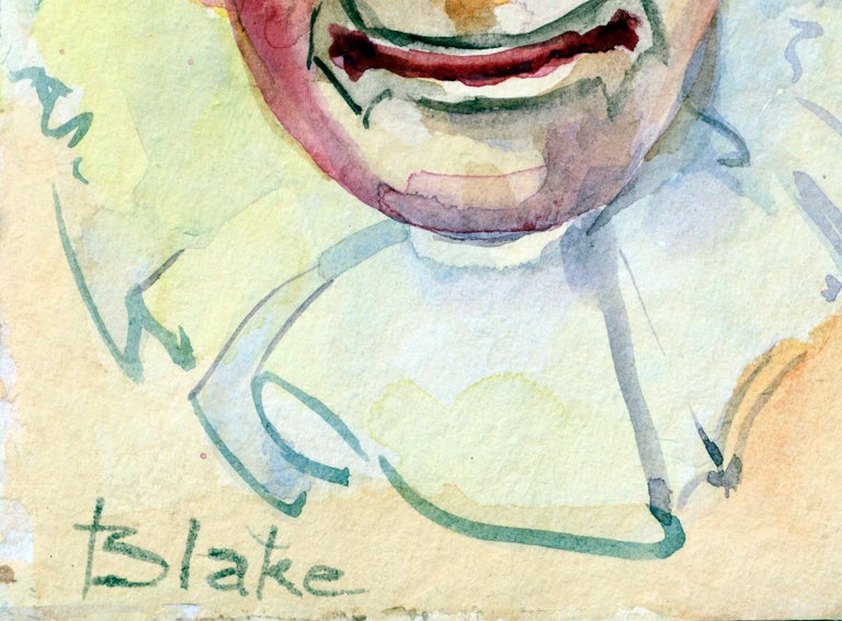 Watercolor portrait of a clown by Marjorie Blake (American, 1920-1994). Signed 
