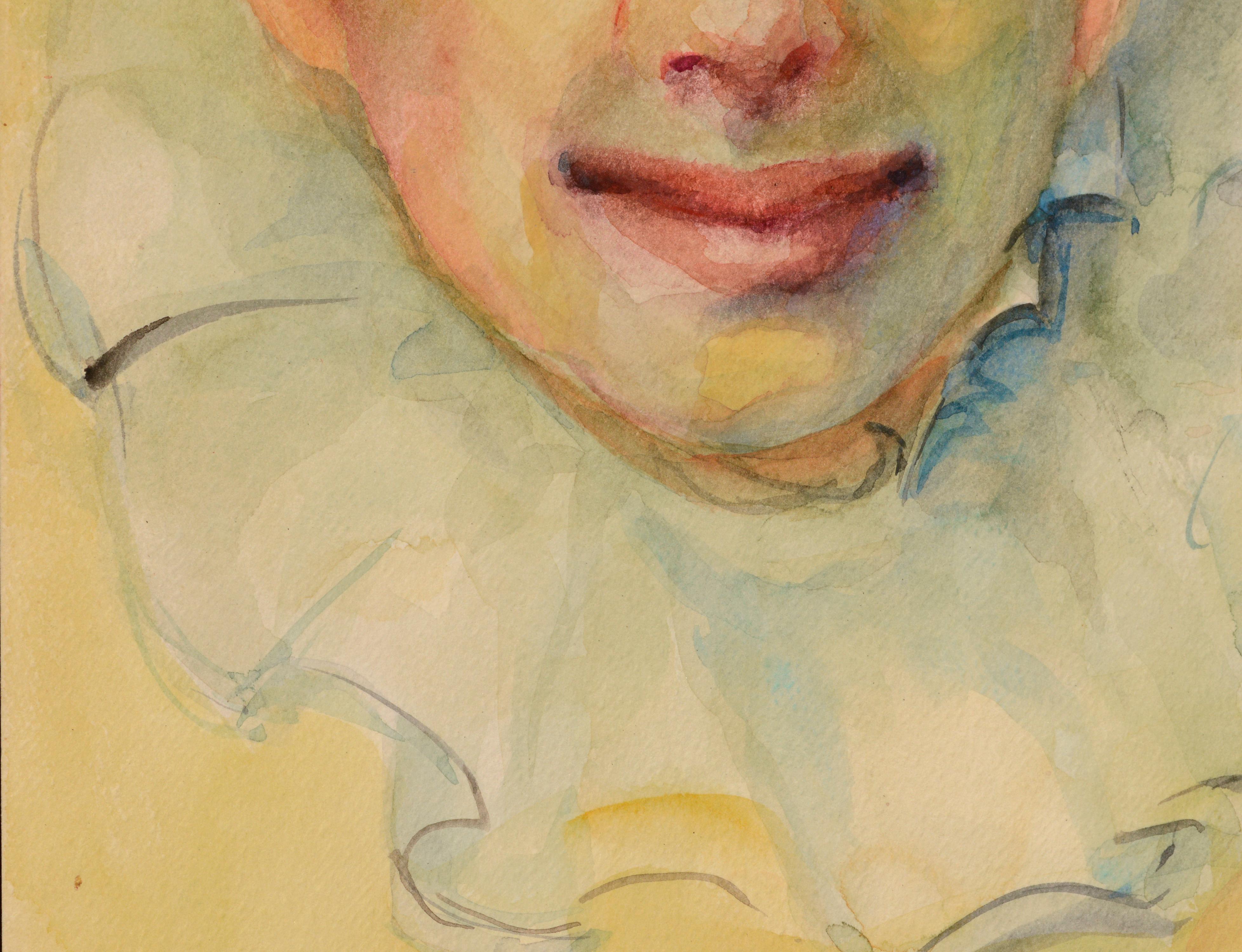 Portrait à l'aquarelle d'un clown sur papier épais par Marjorie and Marjorie Blake (américaine, 1920-1994). Signé 