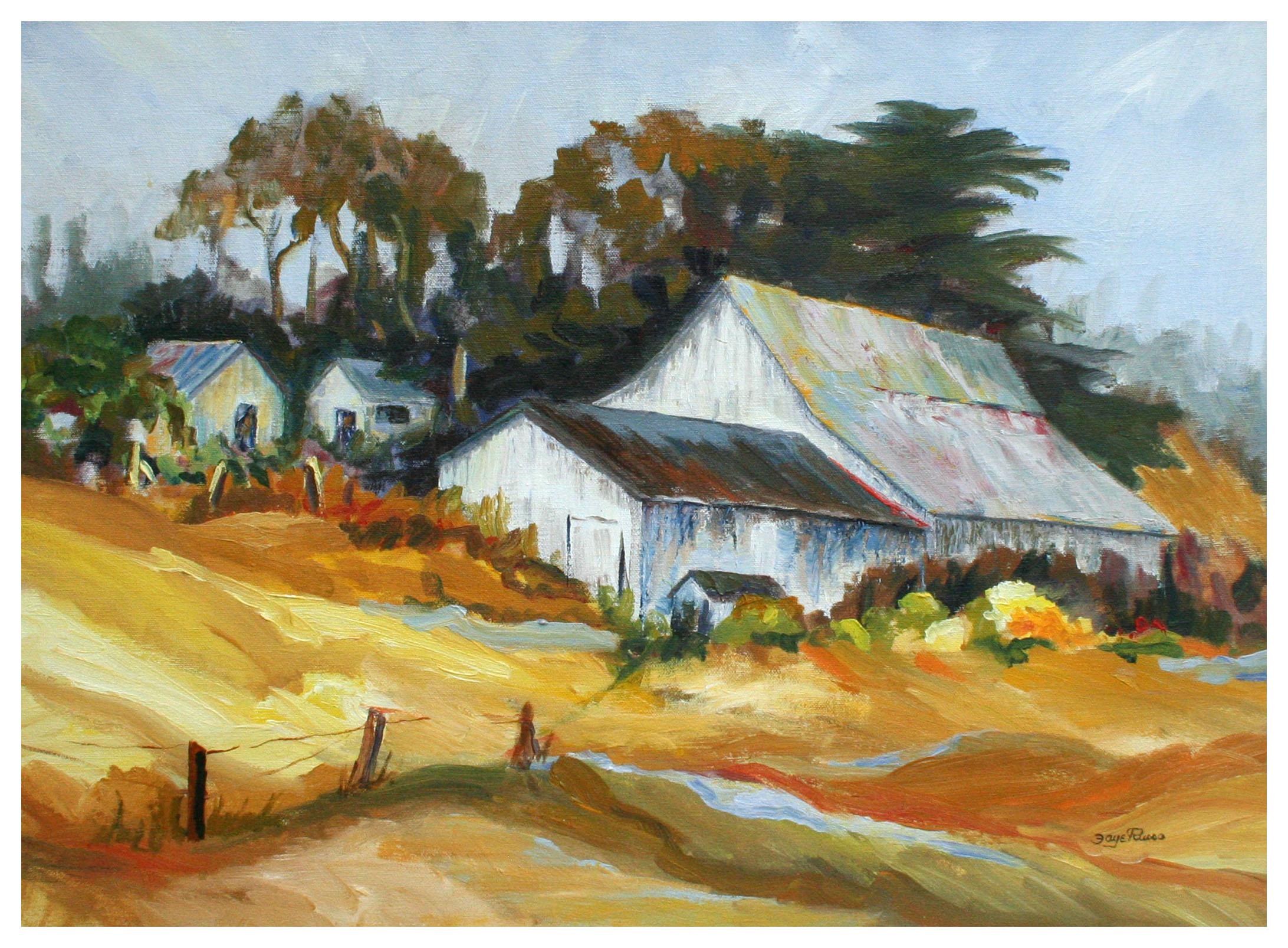 Hillside Barn, Vintage 1970's California Farm Landscape  - Painting by Faye Russo