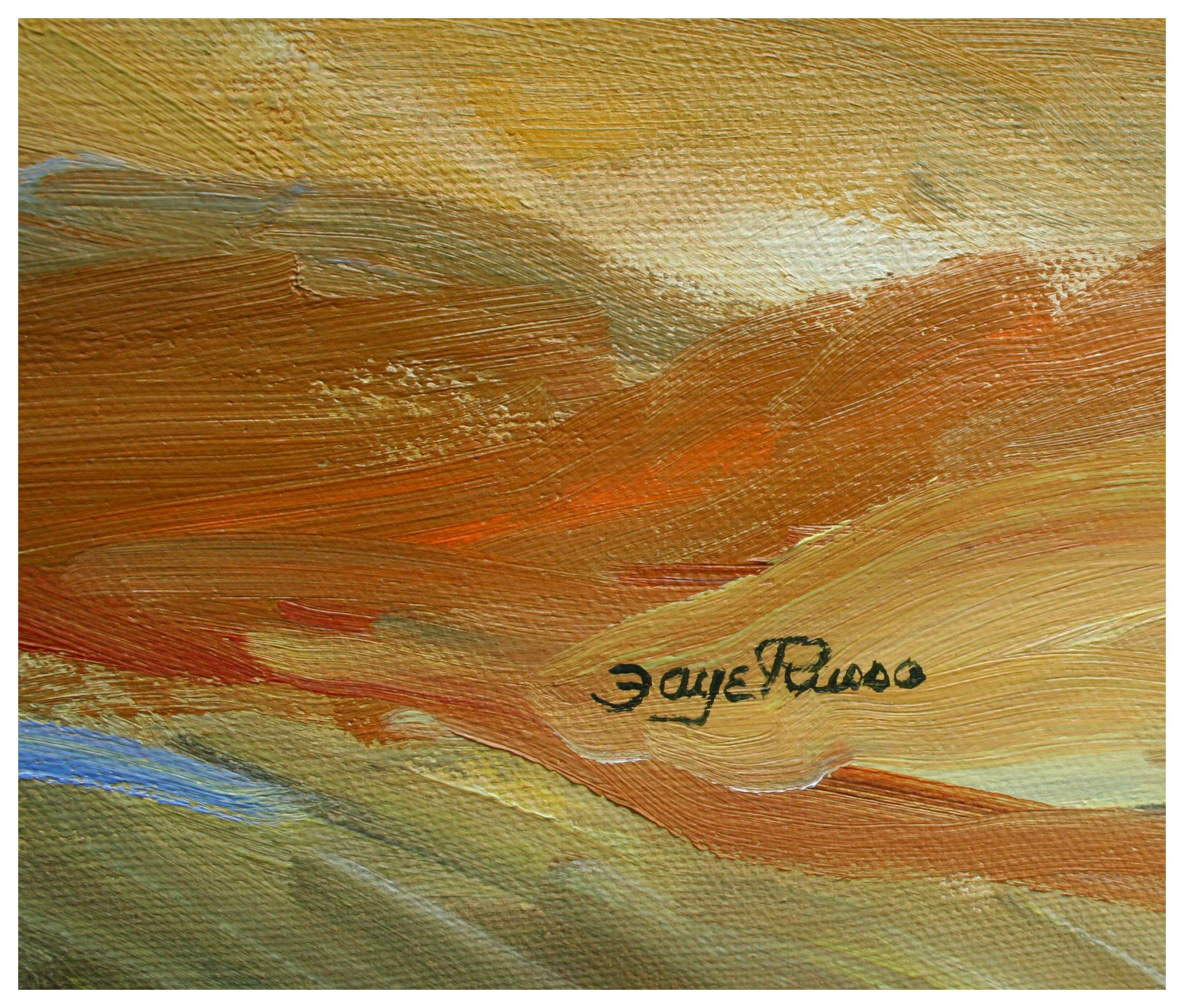 Charmant paysage californien vintage des années 1970 représentant une vieille grange blanche dans un champ aux couleurs dorées dans les montagnes de Santa Cruz, par l'artiste de Salinas Faye Russo (américaine, 20e siècle). L'artiste utilise des