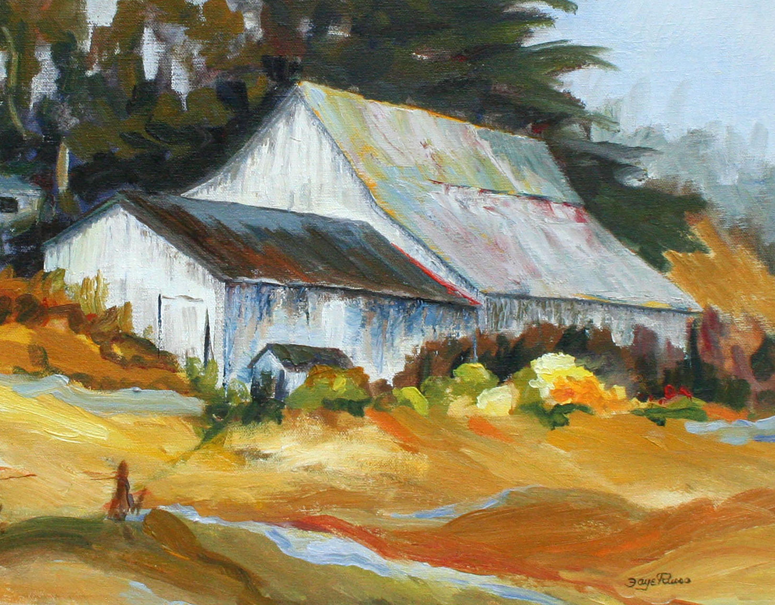 Hillside Barn, paysage de ferme californien vintage des années 1970  - Post-impressionnisme Painting par Faye Russo