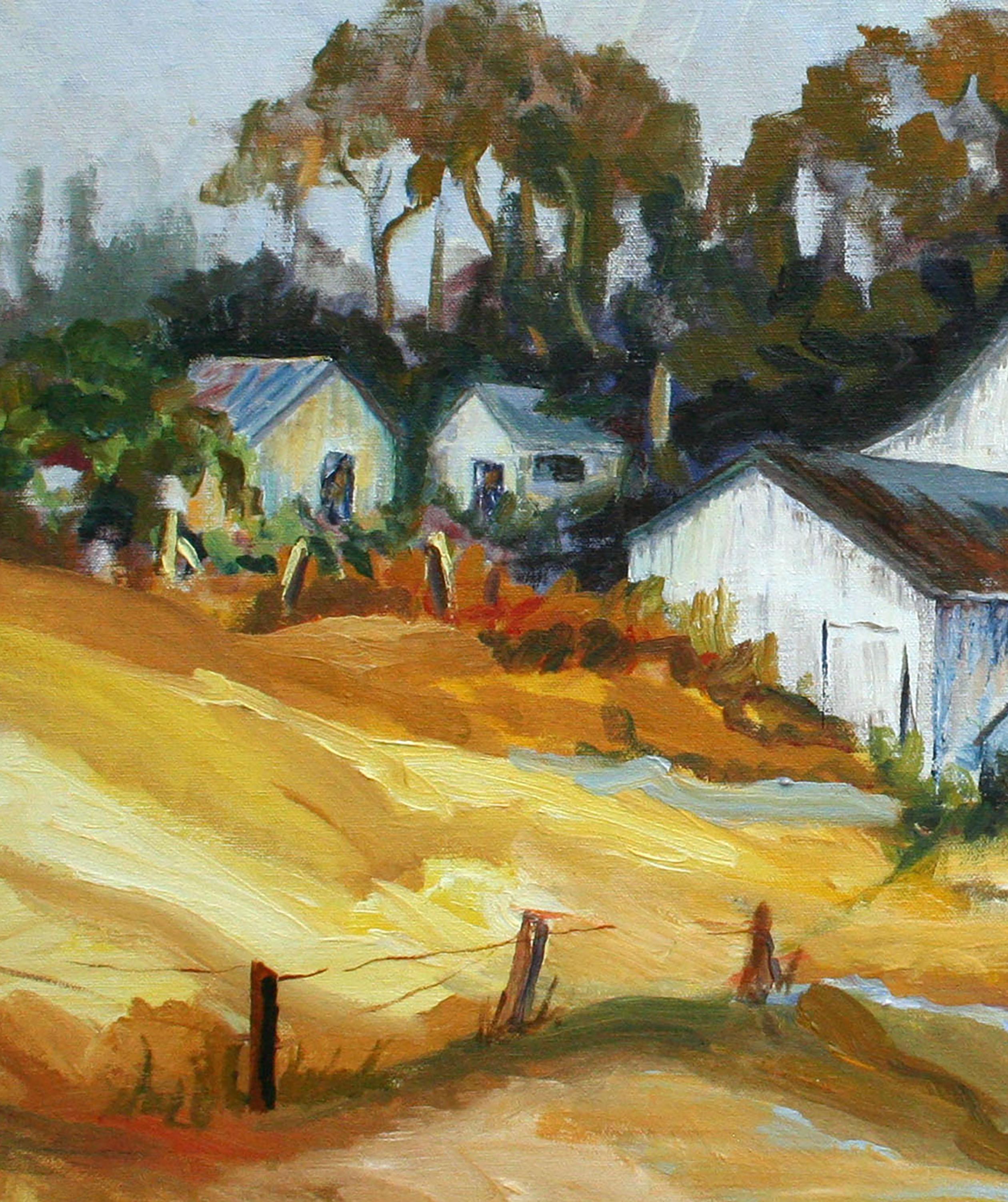 Hillside Barn, paysage de ferme californien vintage des années 1970  - Marron Landscape Painting par Faye Russo