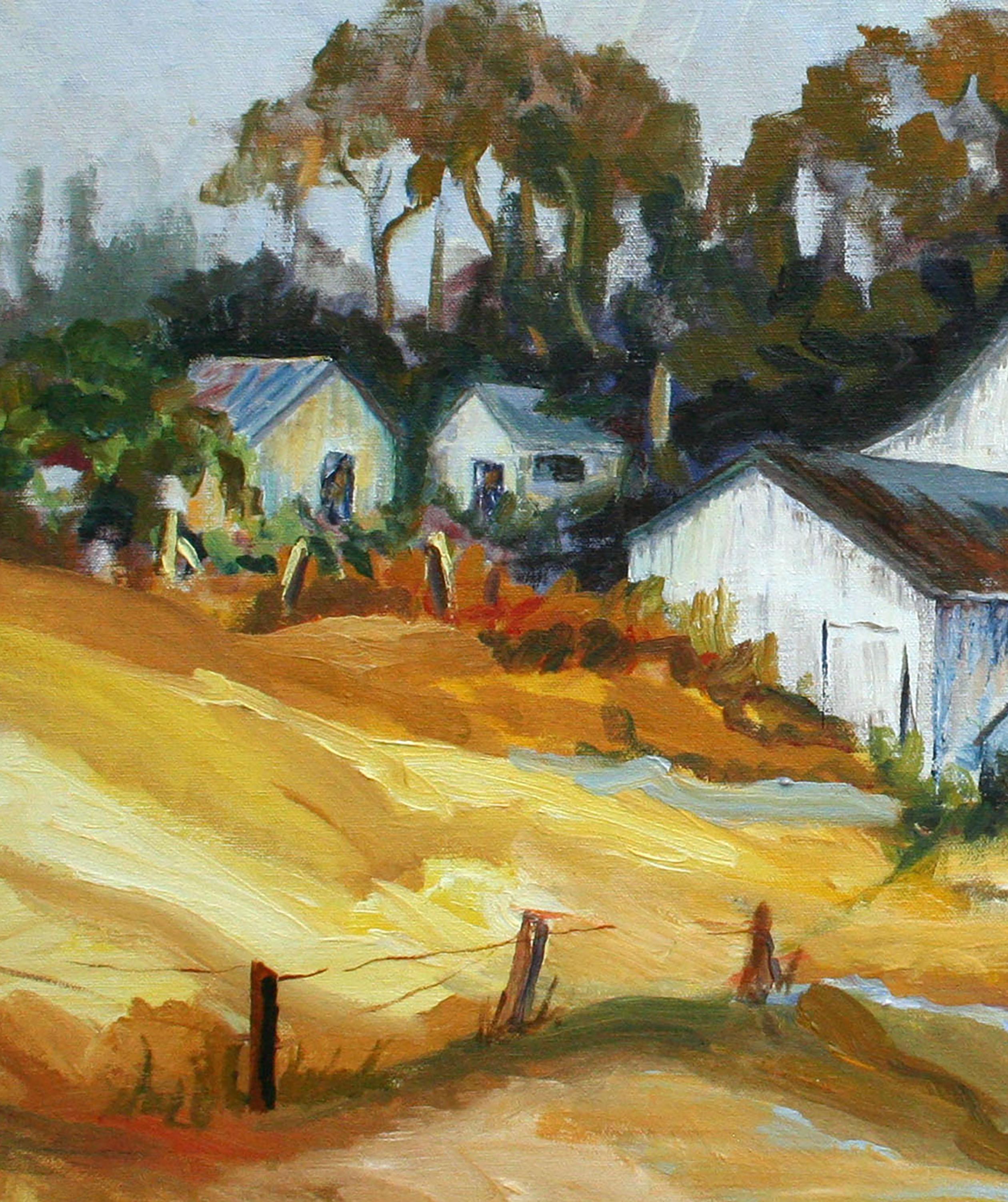 Granero en la ladera, paisaje agrícola californiano vintage de los años 70 - Landscape Painting Marrón de Faye Russo