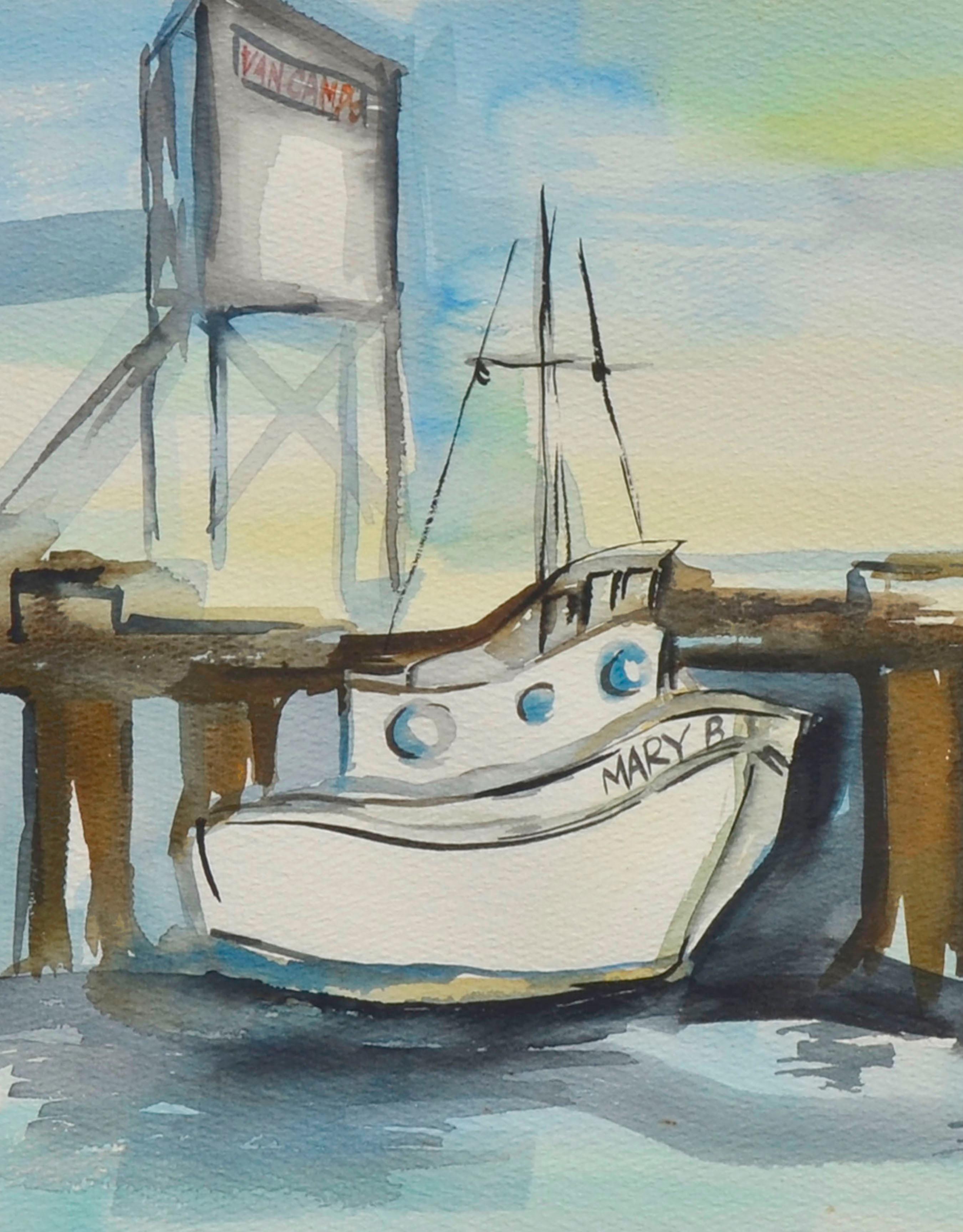 Barca da pesca nel porto, acquerello nautico di paesaggio vintage - Art Impressionismo americano di Shirley Blood Godfrey