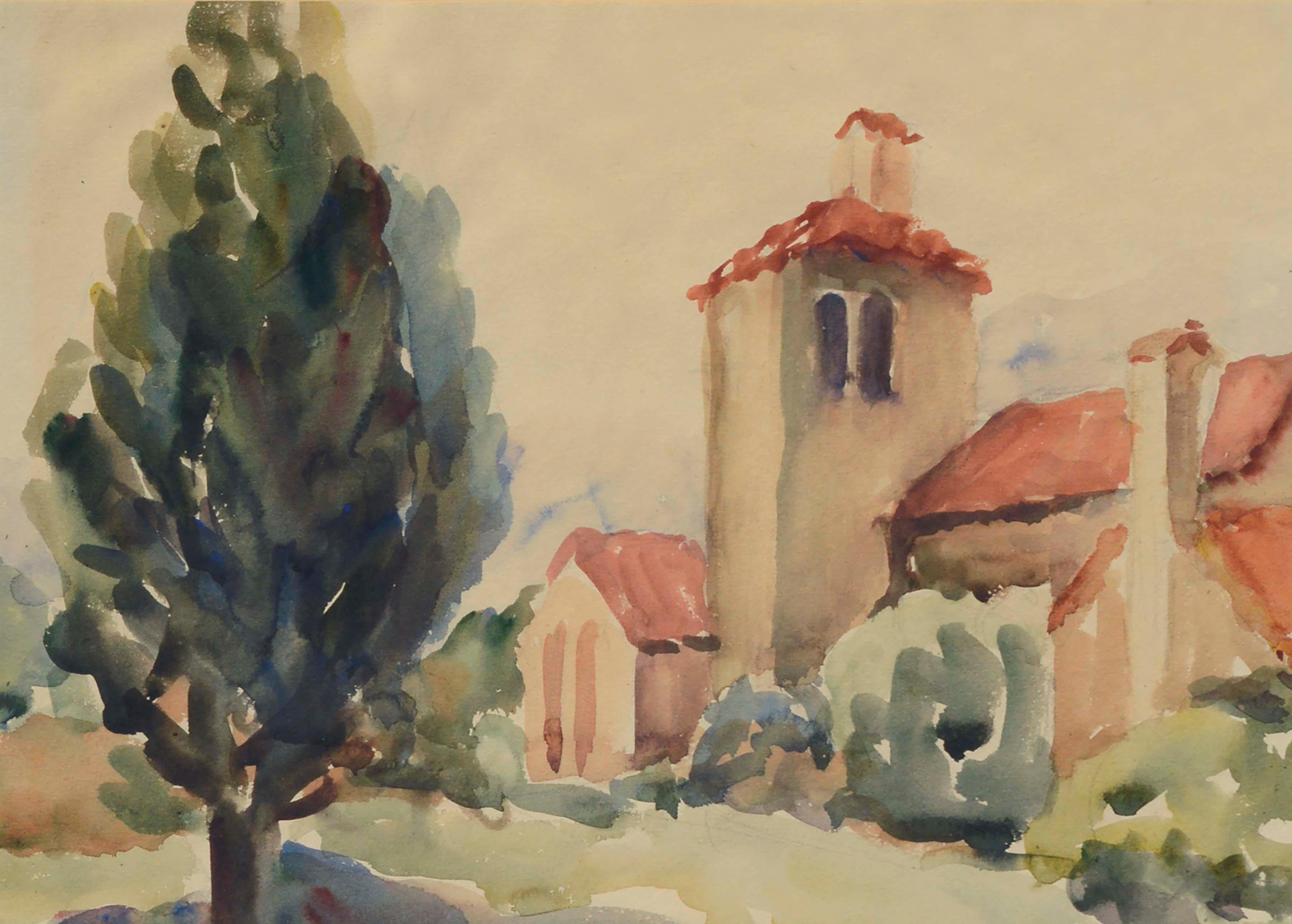 Mid-Century California Mission Landscape Watercolor - Art by Unknown