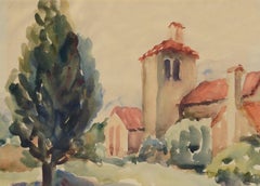 Mid-Century California Mission Landscape Watercolor