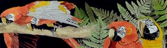 Scarlett Macaw Parrots and Ferns Watercolor, Large-Scale Horizontal Panorama