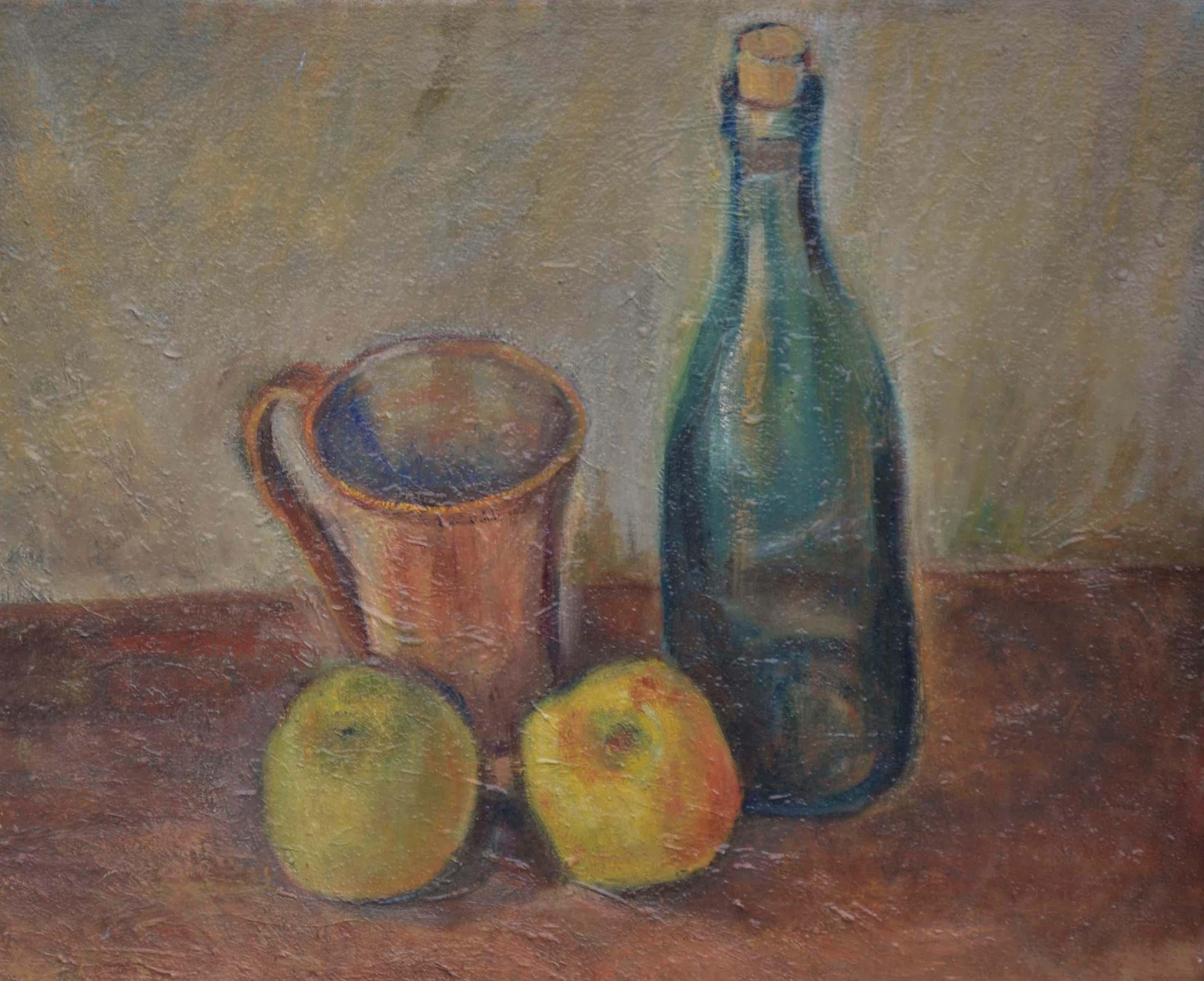 Vintage Still Life -- Wine Bottle with Apples - Painting by Friedel Riise