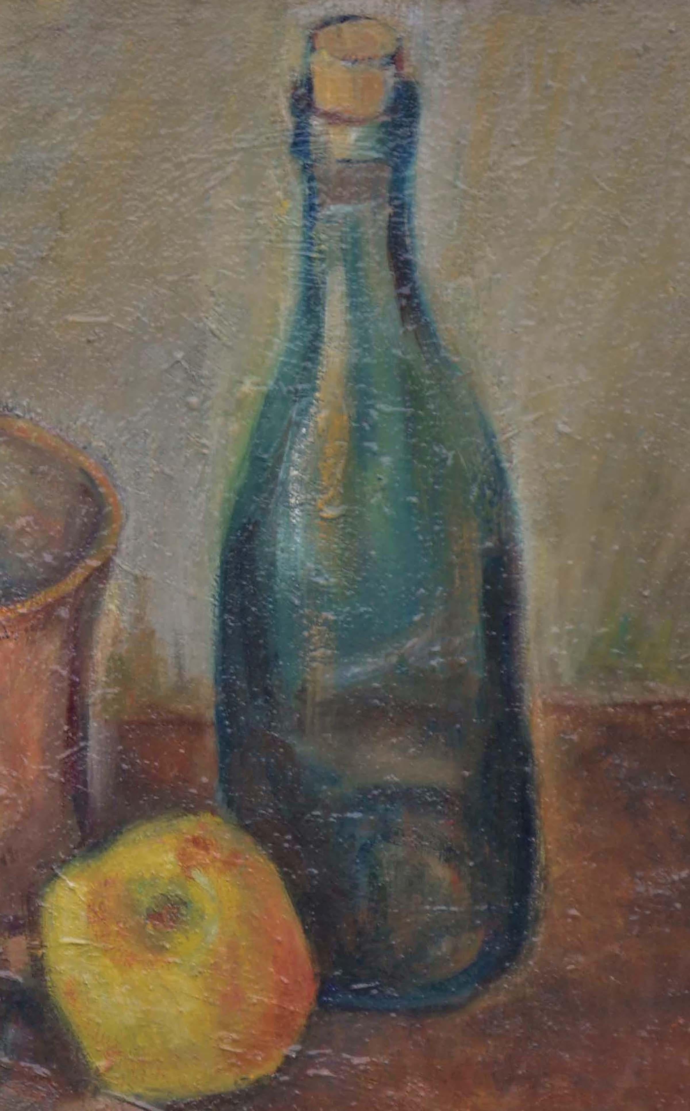 Bodegón Vintage -- Botella de vino con manzanas - Painting impresionista estadounidense de Friedel Riise