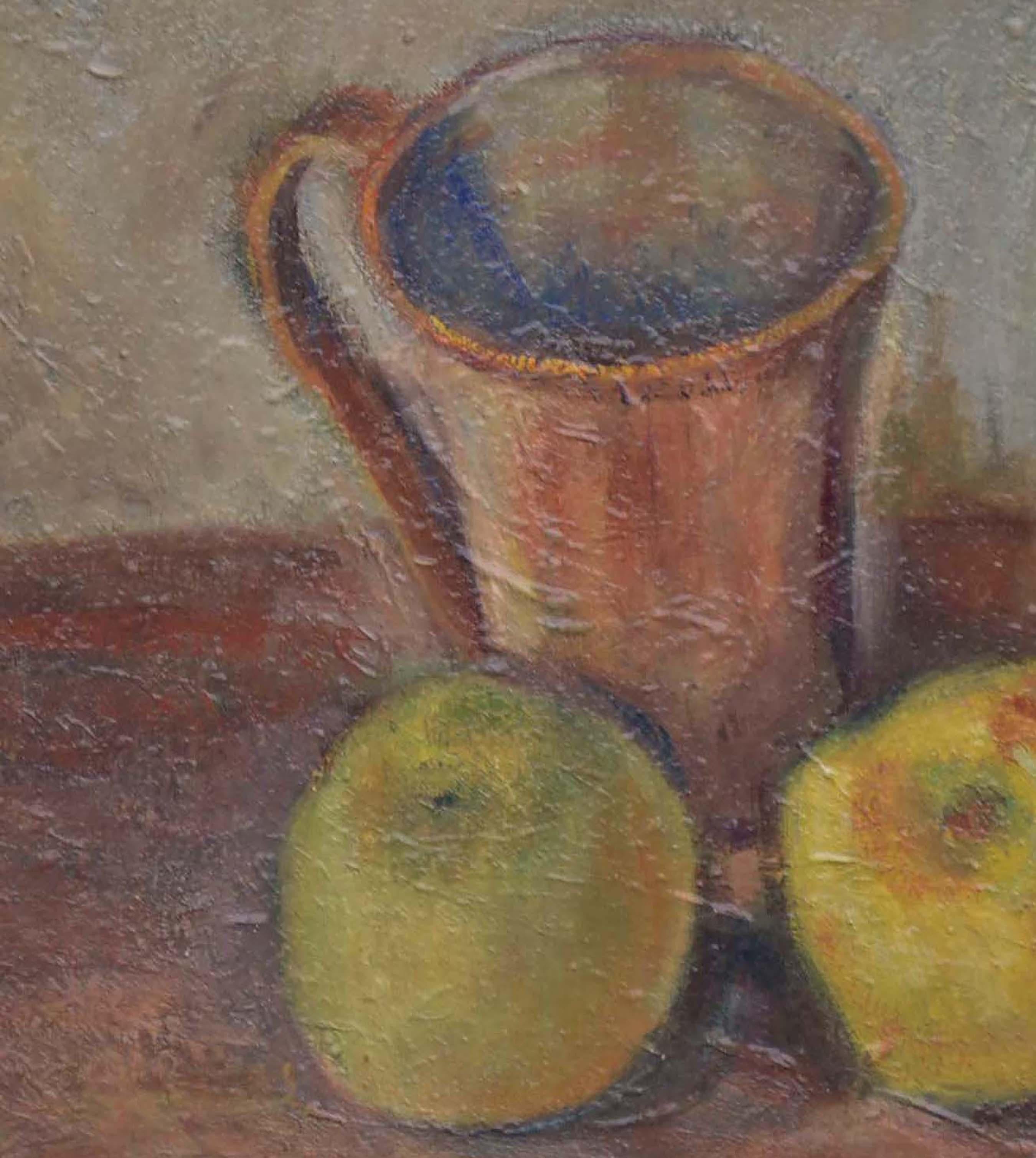 Vintage Still Life -- Wine Bottle with Apples - Gray Still-Life Painting by Friedel Riise