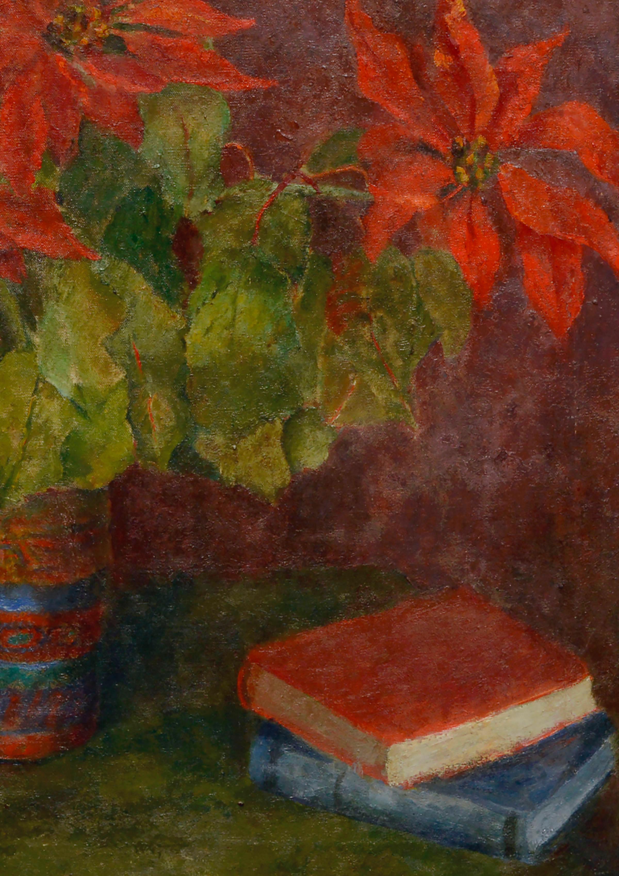 Weihnachtsstern-Stillleben aus der Mitte des Jahrhunderts (Braun), Still-Life Painting, von Claudia Dobbins 