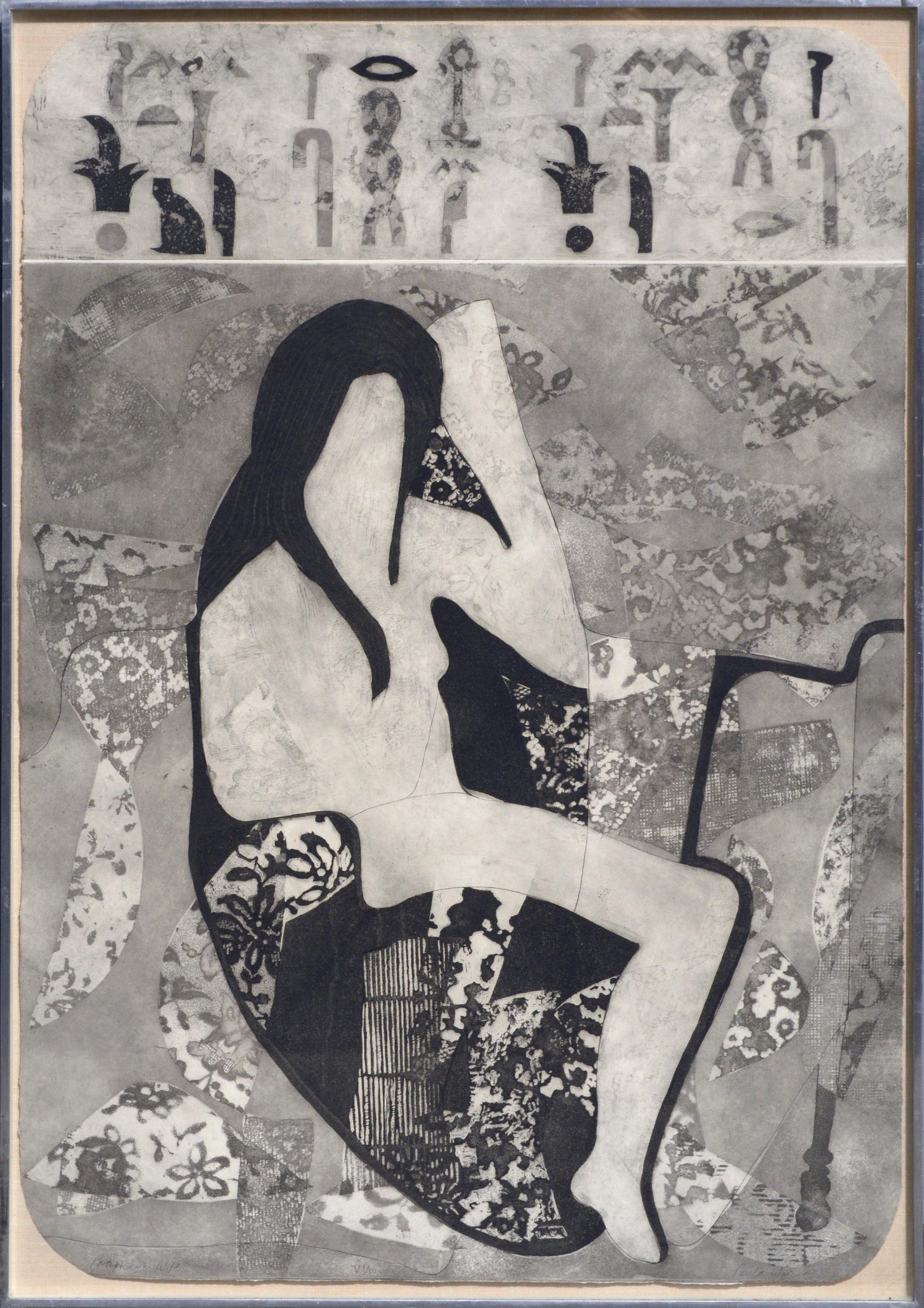 "La mujer de Putifar", xilografía abstracta figurativa estilizada sobre papel hecho a mano
