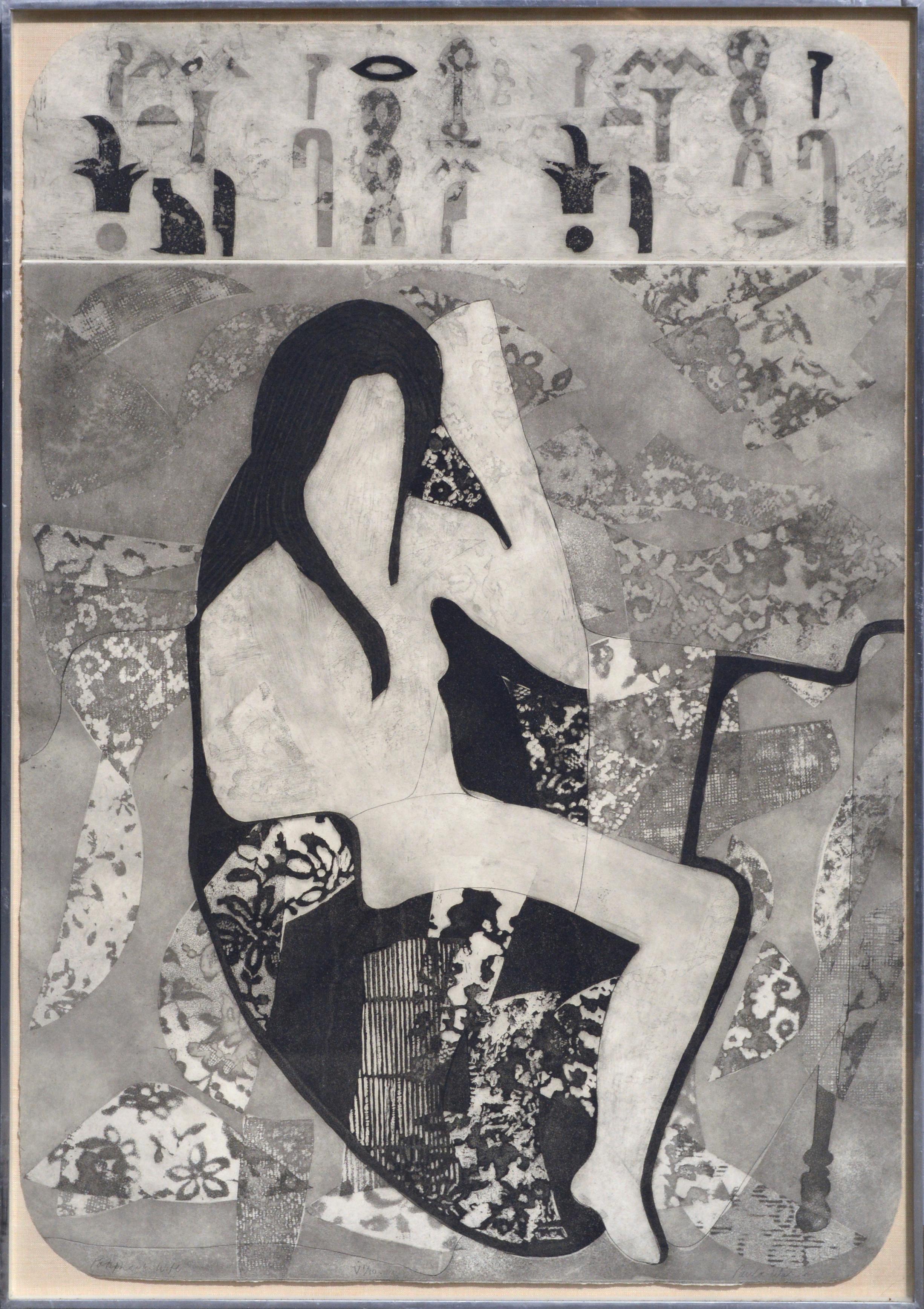 « Potiphar's Wife », gravure sur papier artisanale abstraite figurative stylisée