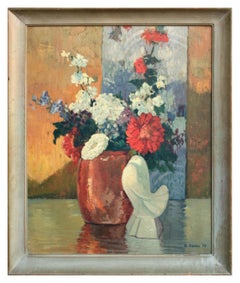 Mid Century Still Life Floral with Dove Statue Deco 1952