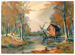 The Lake and Old Mill, Vintage Autumnal Landscape by Virginia Newport Ingram