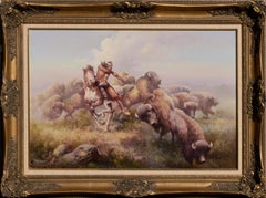 Vintage Buffalo Hunt with Bow, Realist Figurative Landscape 