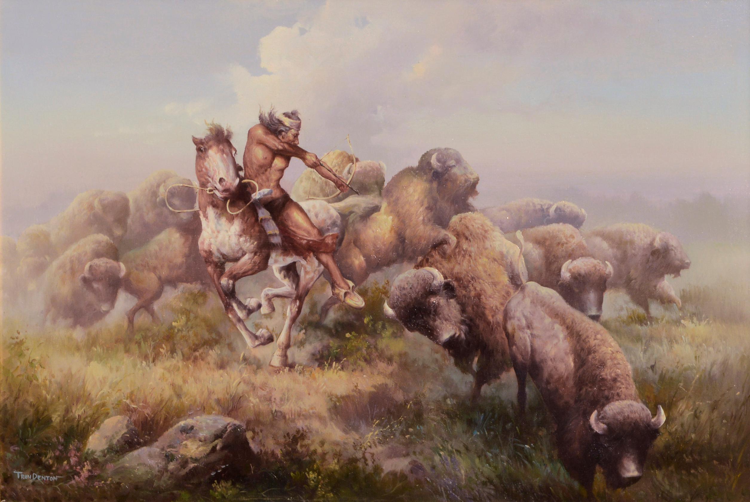 Buffalo Hunt with Bow, Realist Figurative Landscape  - Painting by Troy Denton