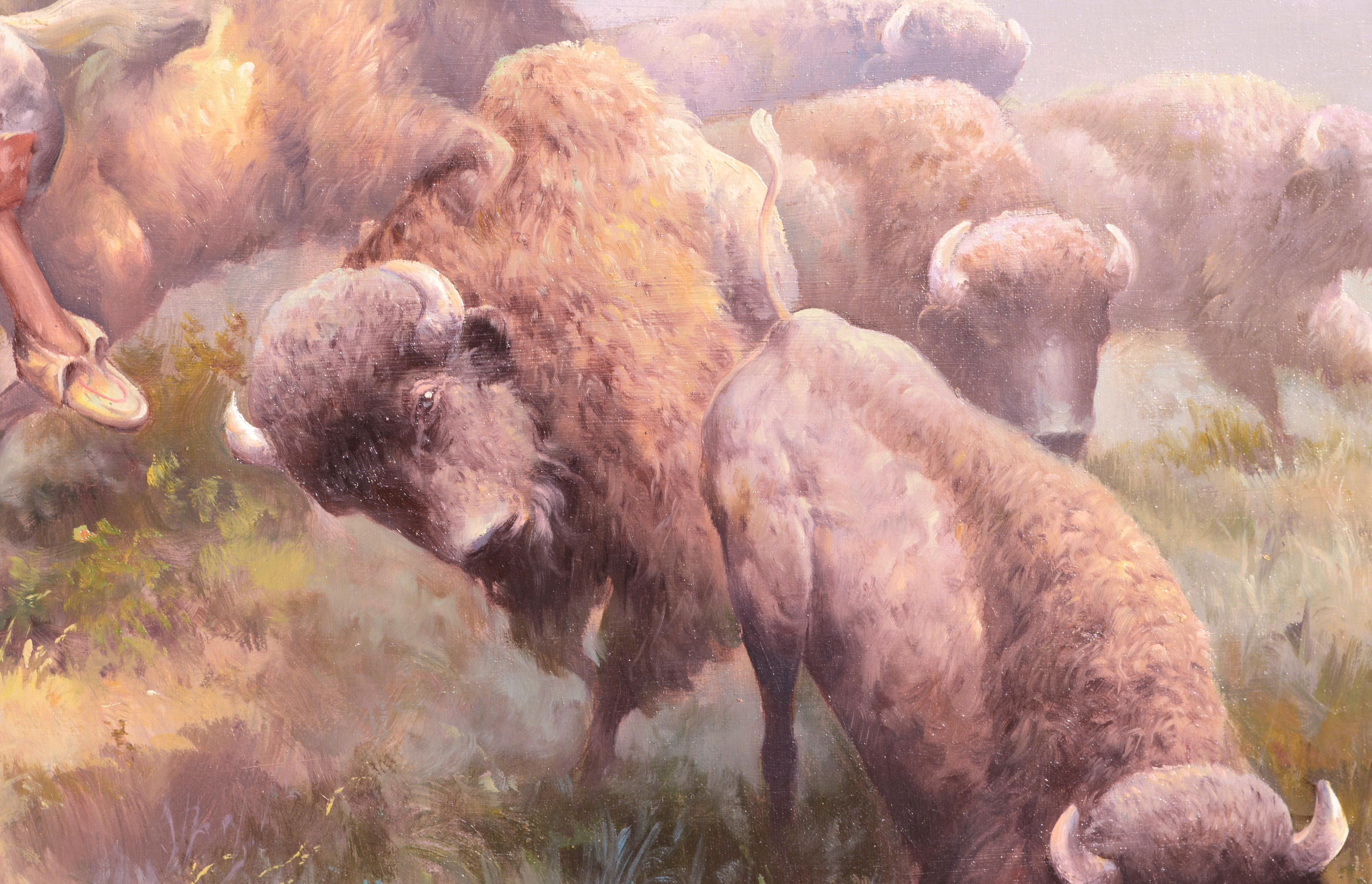 Buffalo Hunt with Bow, Realist Figurative Landscape  - Impressionist Painting by Troy Denton