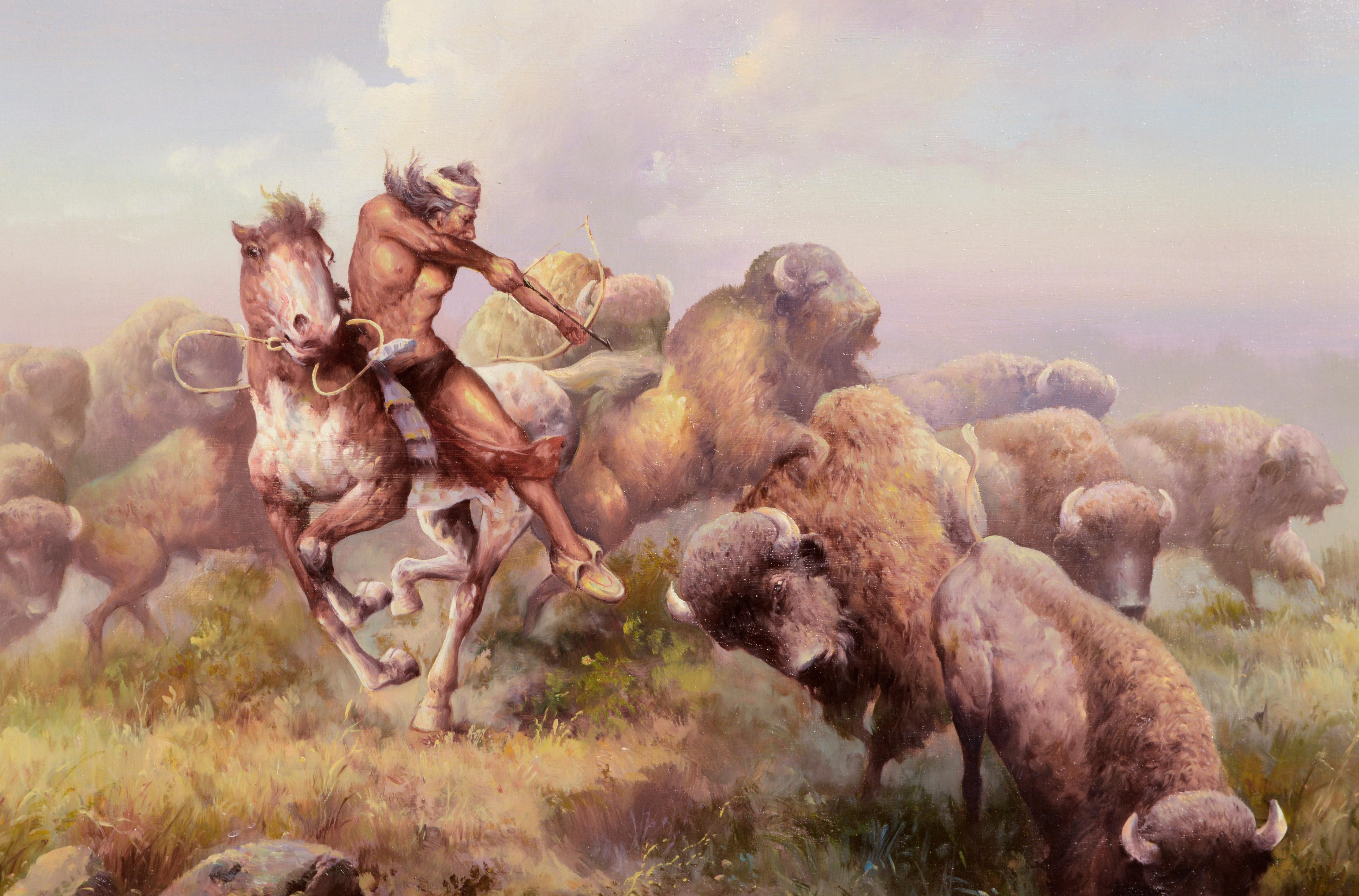 A dynamic hunting scene is portrayed in this realist figurative landscape by Troy Denton (Unknown) (20th Century). A Native American man on a horse is poised with a bow and arrow pointed at a heard of buffalo, who gather in a tumult around him.