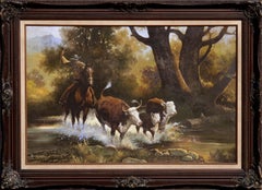 Cowboy Driving Cattle, Realist Figurative Landscape 