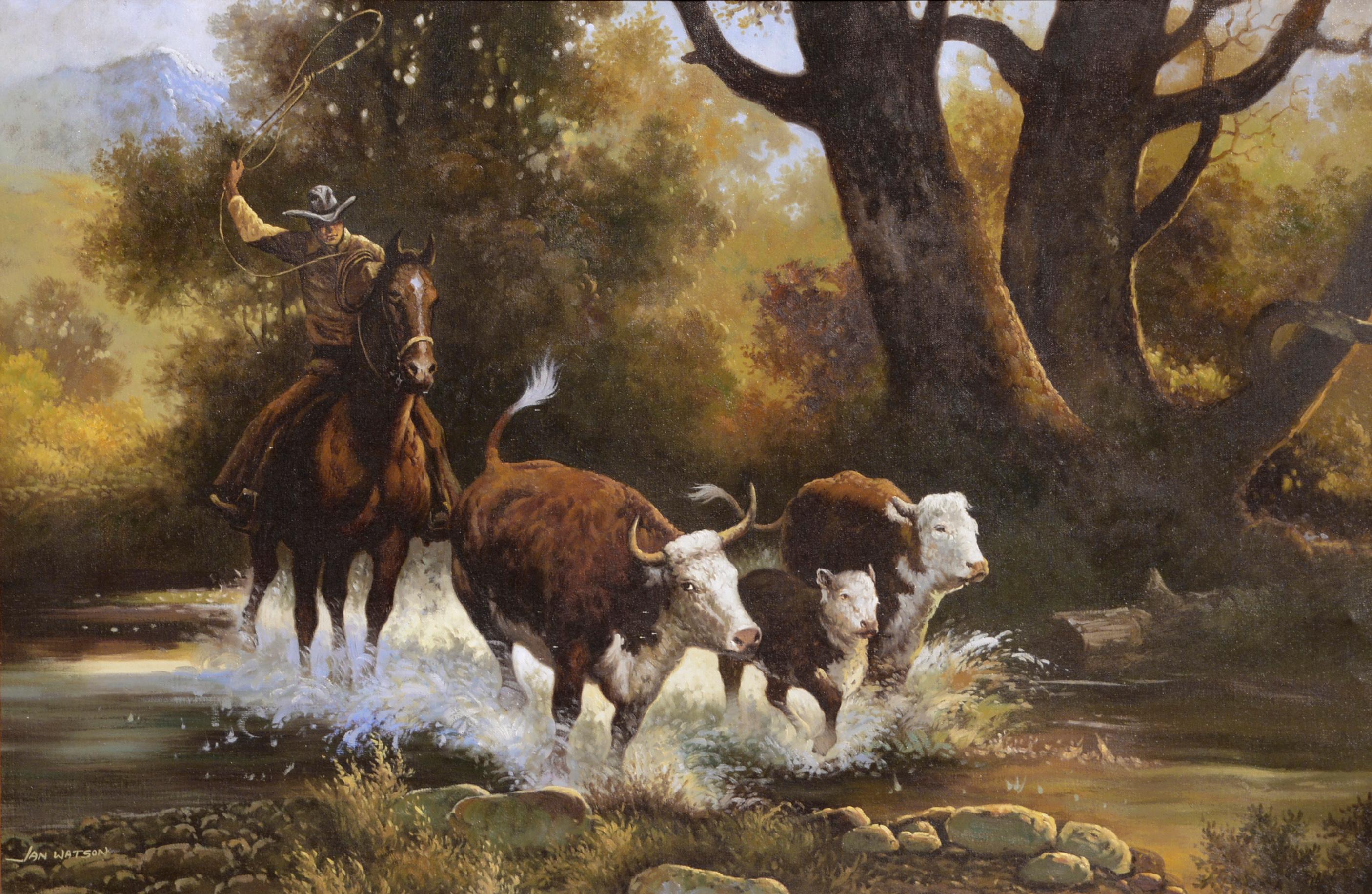 Cowboy Driving Cattle, Realist Figurative Landscape  - Painting by Jan Watson