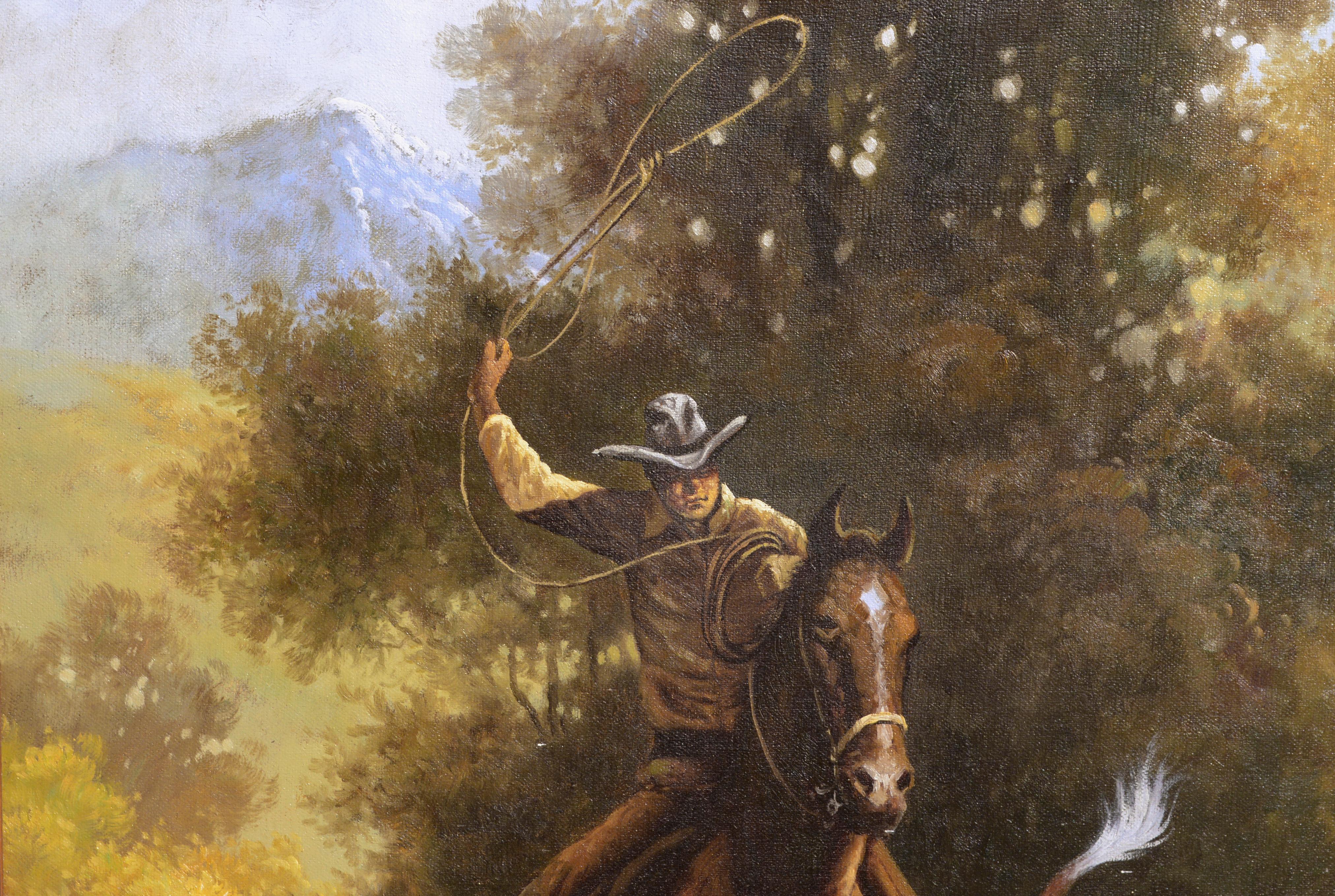 Cowboy-Drehkachel, realistische figurative Landschaft  (Amerikanischer Impressionismus), Painting, von Jan Watson