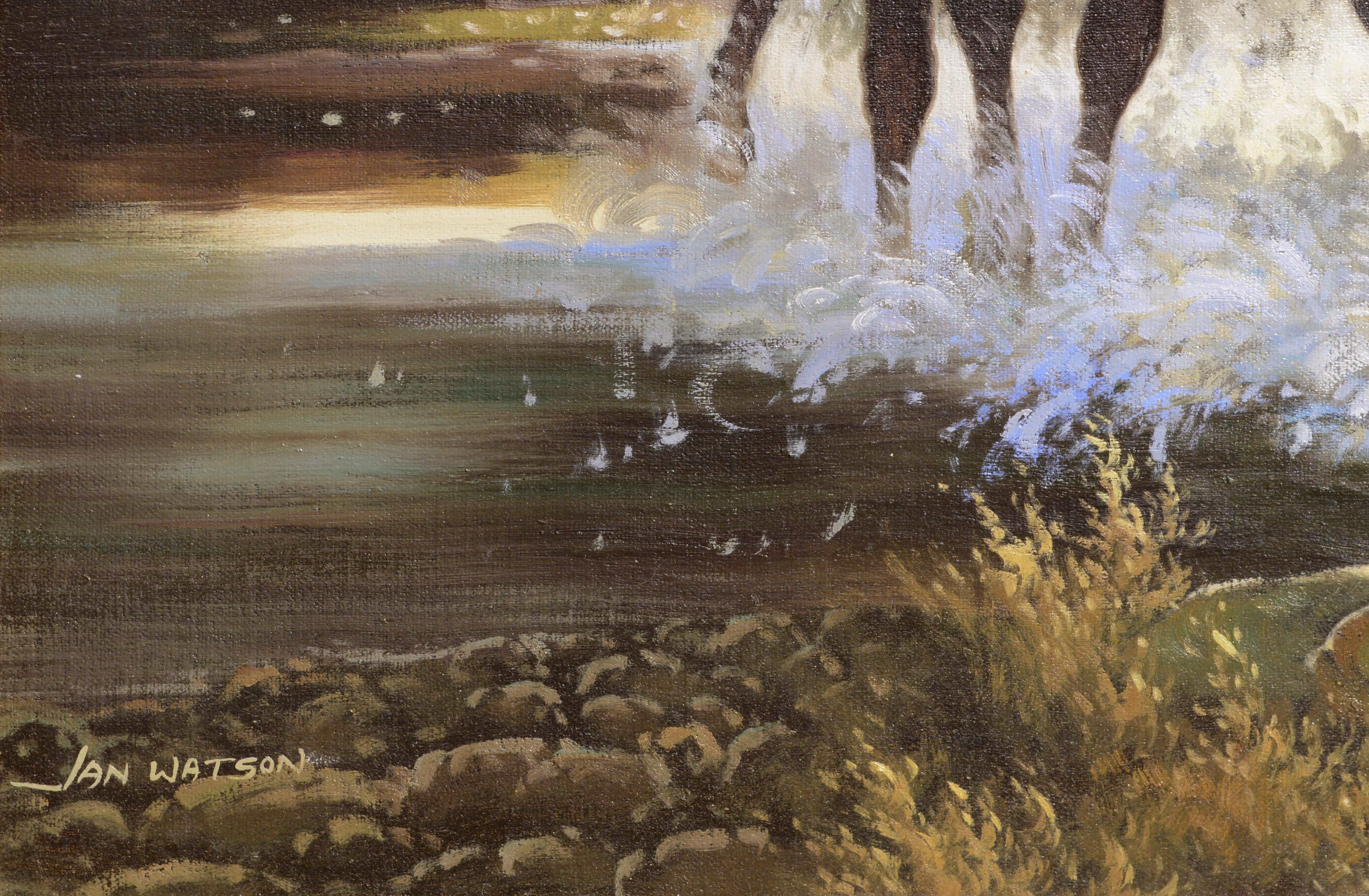 Dynamische figurative Western-Landschaftsszene mit einem Cowboy und Rindern, die mit realistischen Details dargestellt sind, während sie durch einen Fluss schwimmen, von dem unbekannten Künstler Jan Watson (Amerikaner, 20. Jahrhundert). Der Cowboy