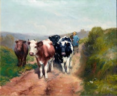 19th Century Dutch Impressionist Cows Returning home