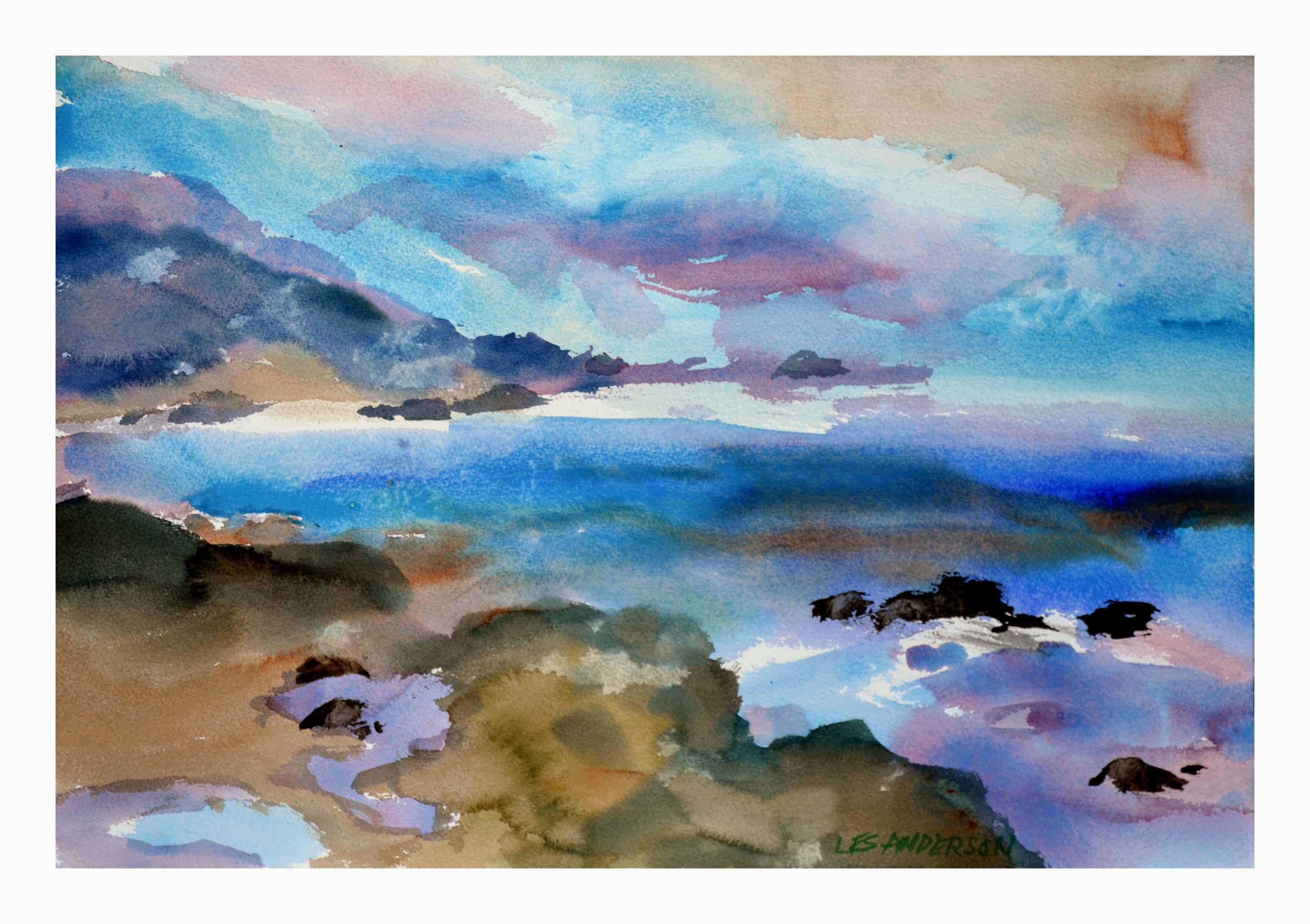 Vintage Sunset Seascape Watercolor Point Lobos, Carmel