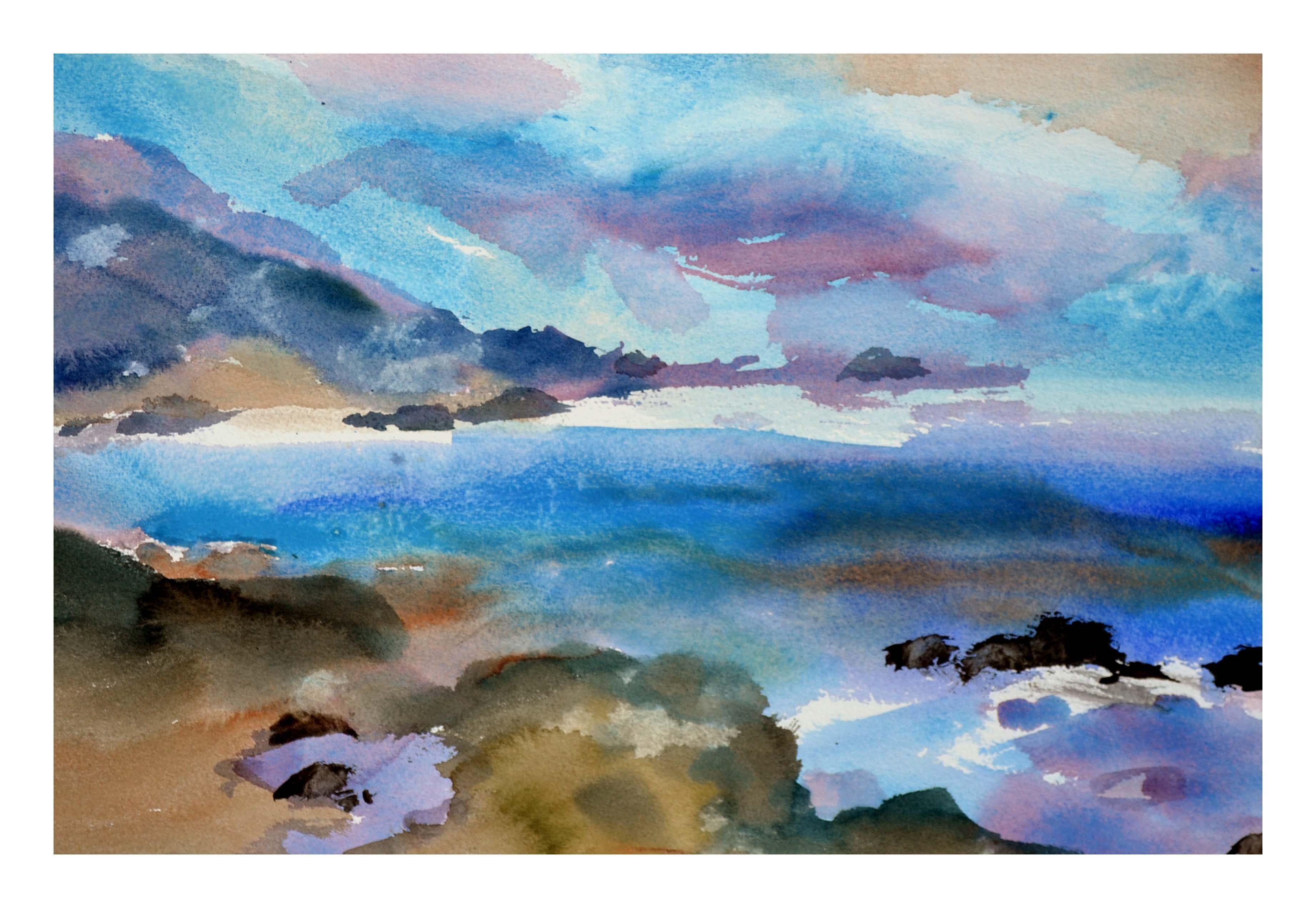 Vintage Sunset Seascape Watercolor Point Lobos, Carmel - Art by Les Anderson