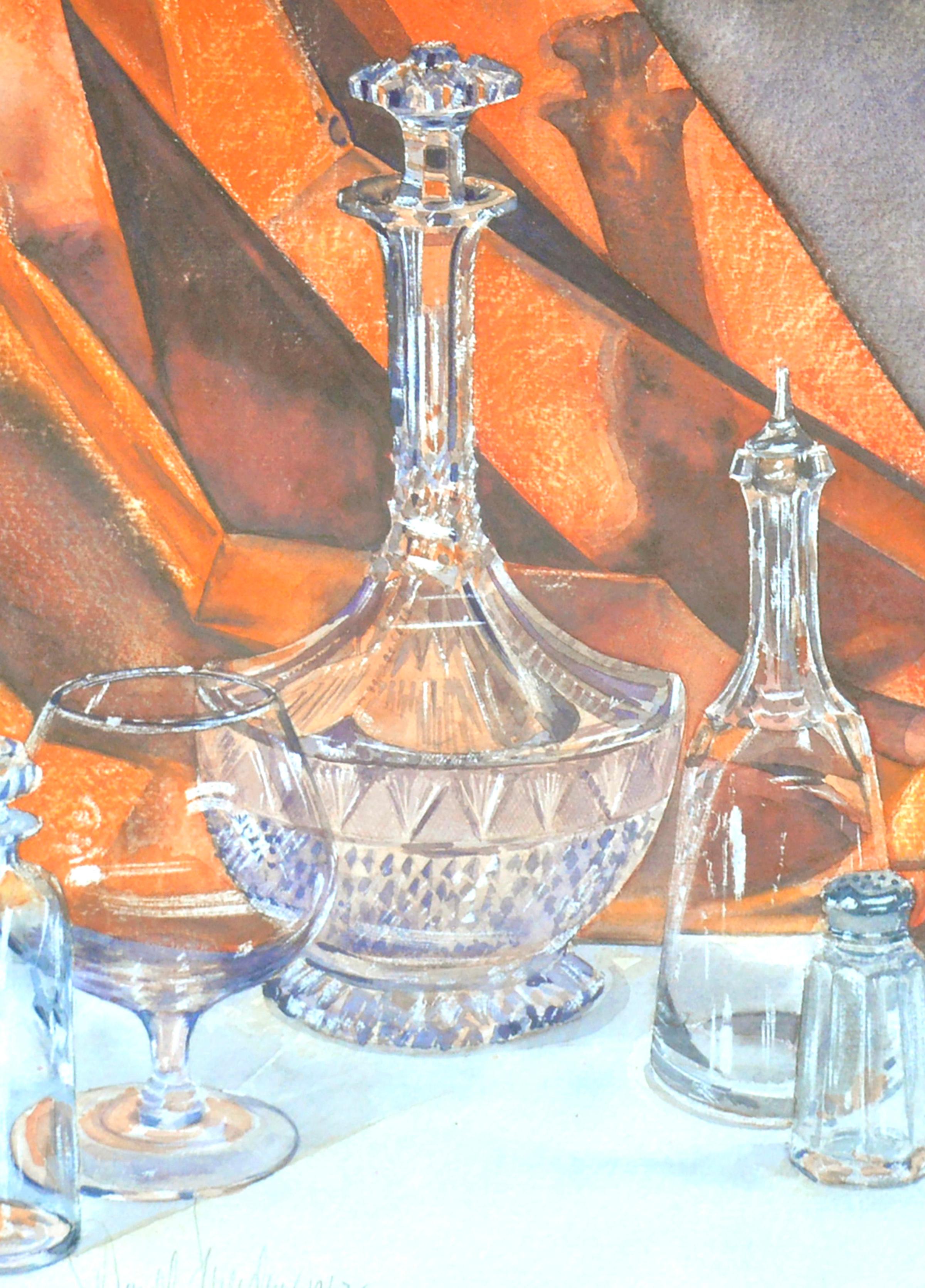 Stillleben aus Kristall und Glas aus der Jahrhundertmitte (Realismus), Painting, von Donald Werden