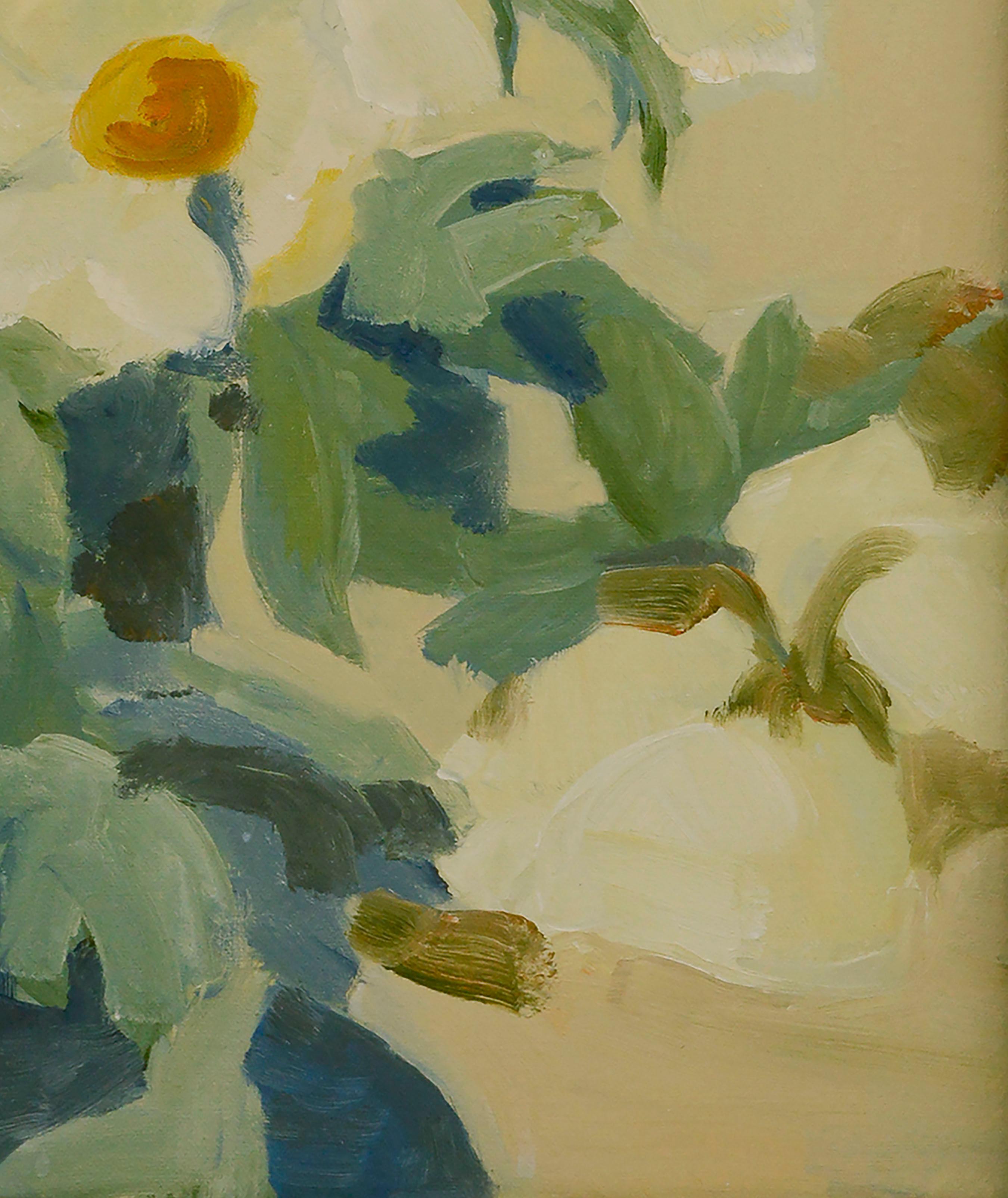 Beautiful botanical still-life of white Matilija poppies and lush green leaves with a background of soft, warm neutrals by California artist Josephine Guerra (American, 20th Century). Signed and dated 