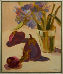 Pear & Cut Flowers in a Glass, Botanical Still Life in Magentas 