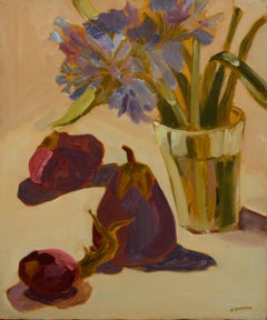 Pear & Cut Flowers in a Glass, Botanical Still Life in Magentas