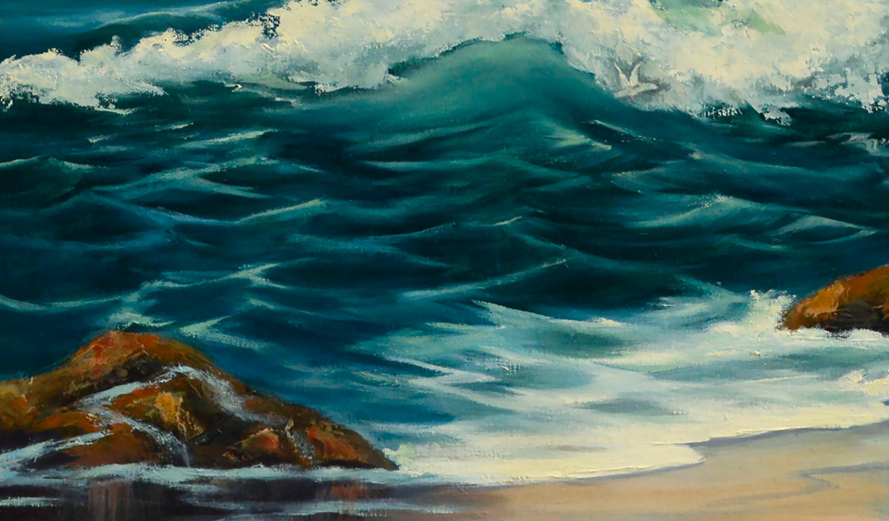 Paesaggio marino soleggiato con gabbiani sulle onde dell'oceano che si infrangono sulla costa di Joe Hazel Conrad (americano, XX secolo). Presentato in una cornice di Wood. Firmato 