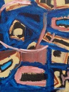 "Nacho Libre", Small-Scale Contemporary Abstract with Blue, Gold, & Pink