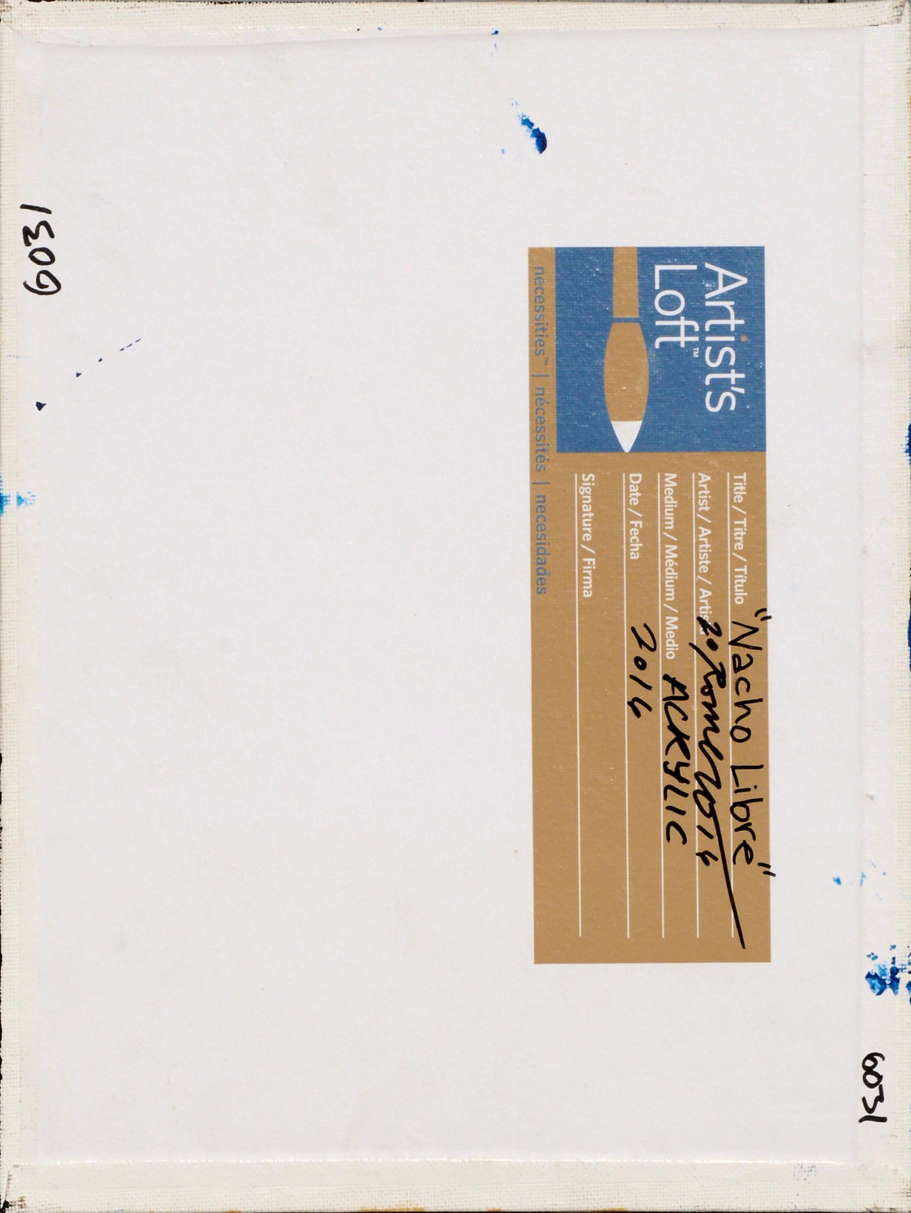 Composition abstraite contemporaine vibrante à petite échelle avec du bleu, de l'or et du rose par l'artiste expressionniste abstrait Frank Thomas Romero (américain, né en 1985) de la région de Monterey Bay, en Californie. Signé et daté 