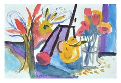 Teapot & Flowers Still-Life, Coastal Seascape Double-Sided Watercolor