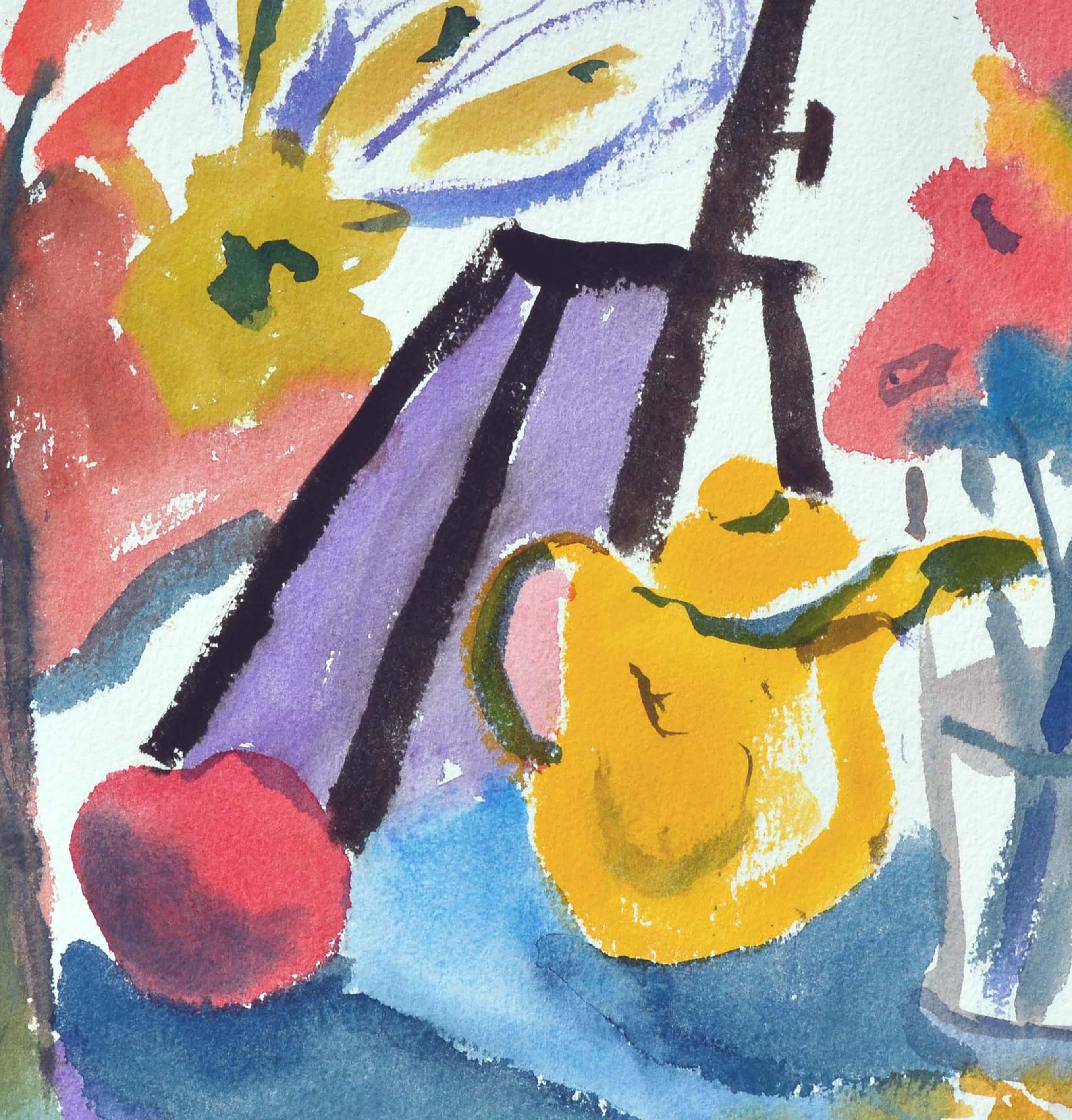 Teekanne und Blumen Stillleben, Meereslandschaft, doppelseitiges Aquarell (Amerikanischer Impressionismus), Art, von Les Anderson