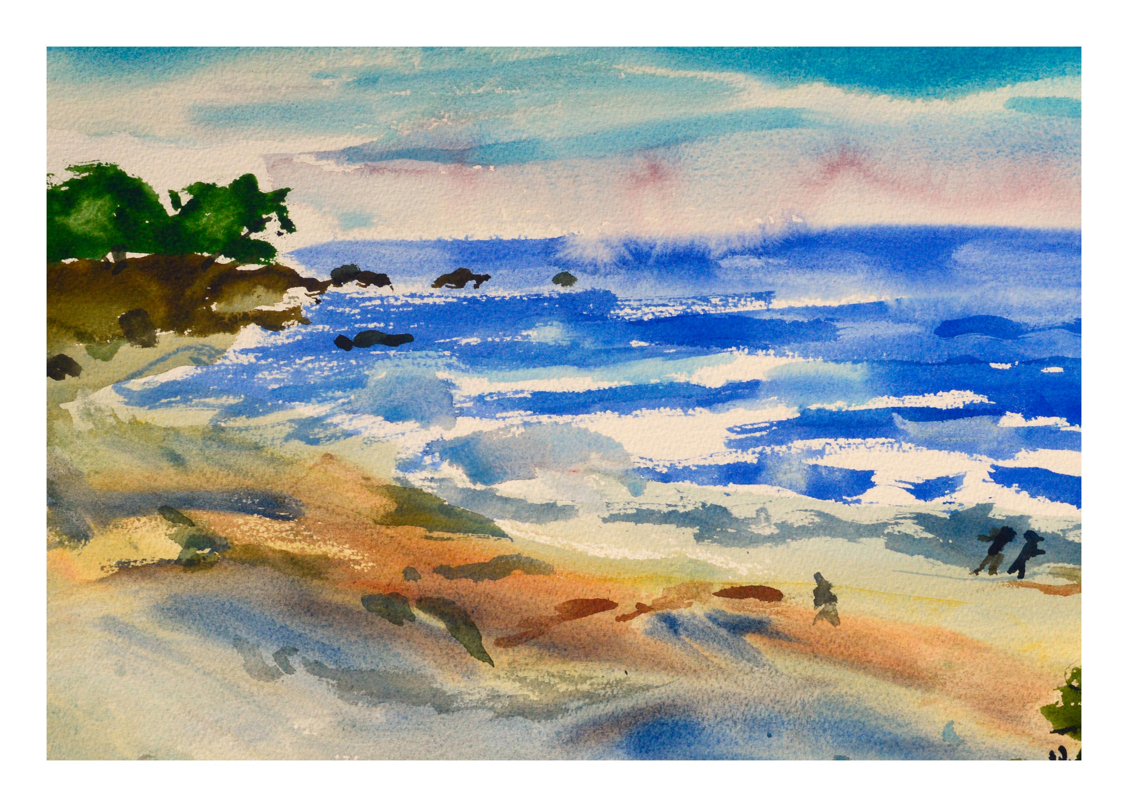 Vintage Coastal Figurative Landscape -- Walk on the Beach Watercolor - Art by Les Anderson