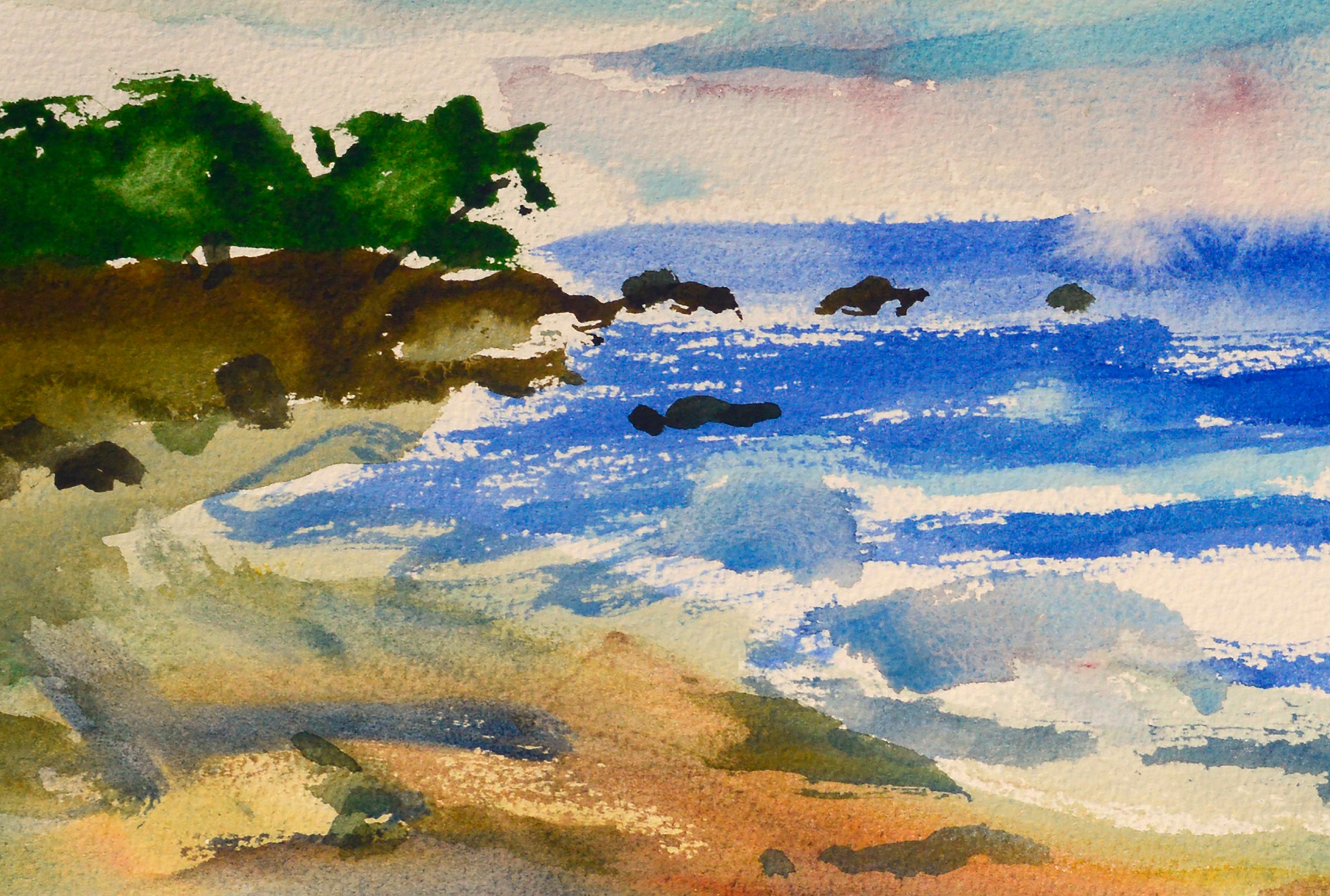 Belle aquarelle vintage d'un paysage côtier avec deux personnages marchant le long de la plage par Les (Leslie Luverne) Anderson (américain, 1928-2009). De la propriété de Les Anderson à Monterey, Californie. Signé 