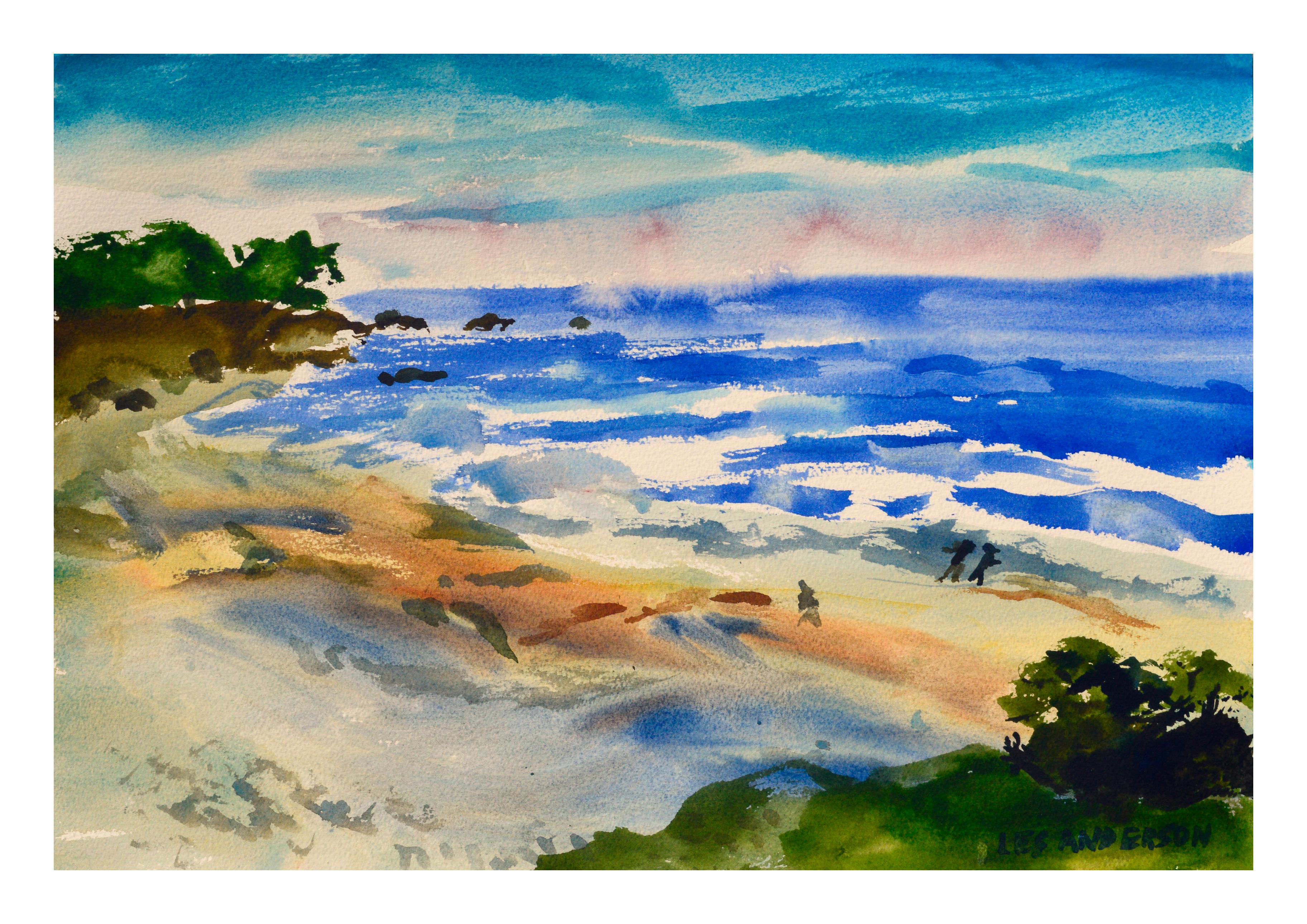 Vintage Coastal Figurative Landscape -- Walk on the Beach Watercolor