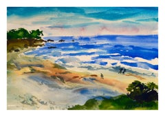 Antique Coastal Figurative Landscape -- Walk on the Beach Watercolor