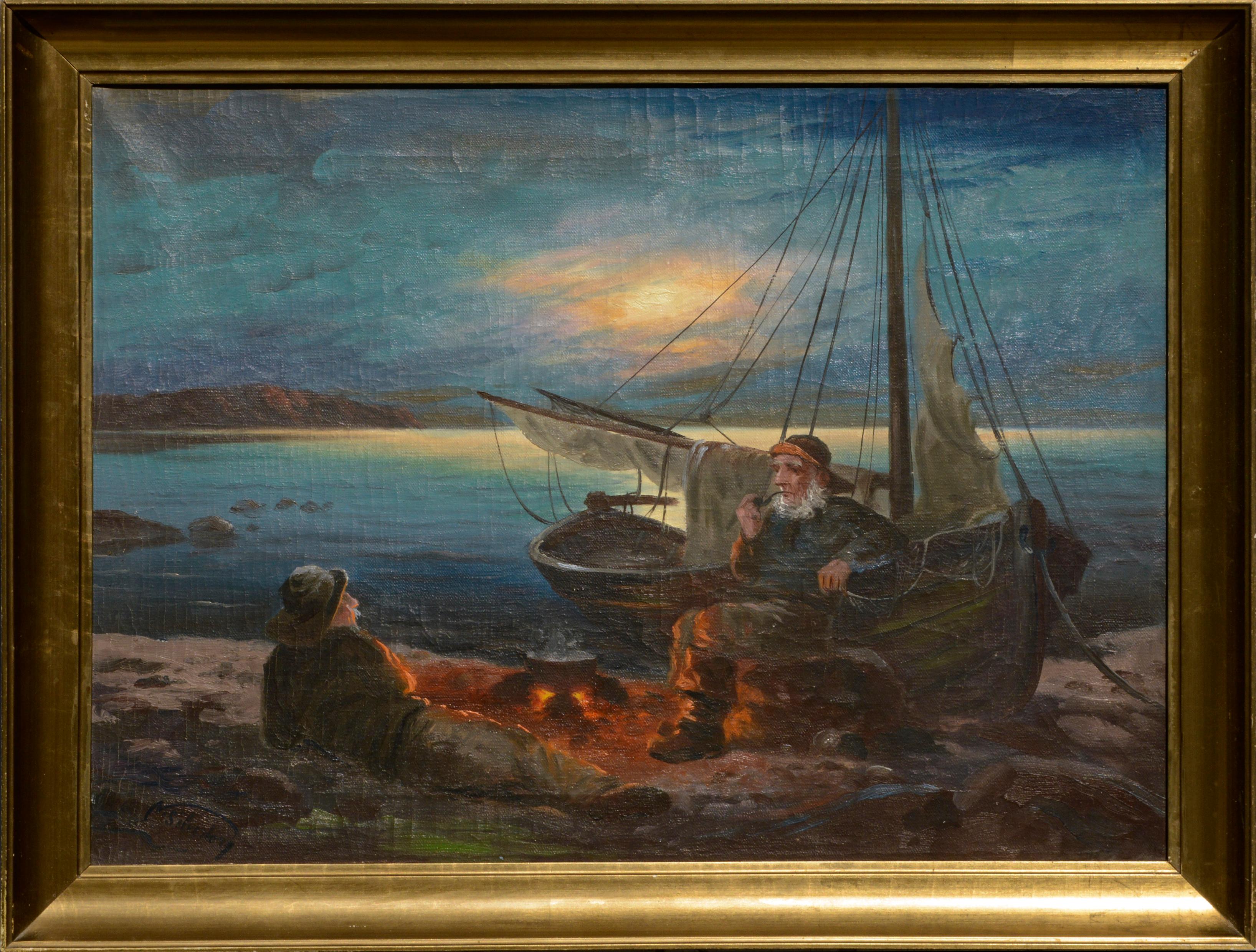 Nikolai Silverberg Figurative Painting - Two Sailors at the Campfire - Seascape